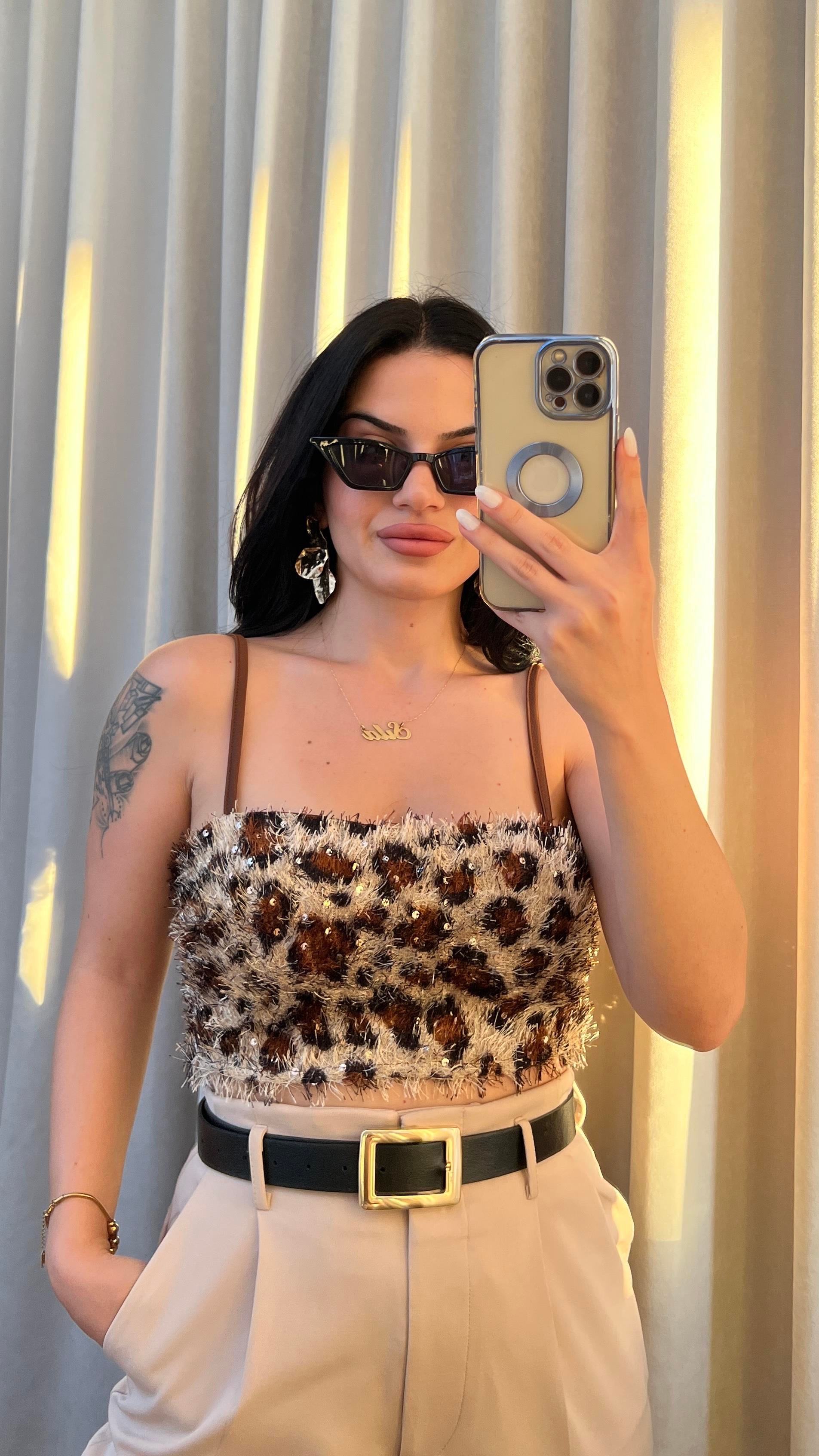 LEOPAR DESENLİ PULLU CROP