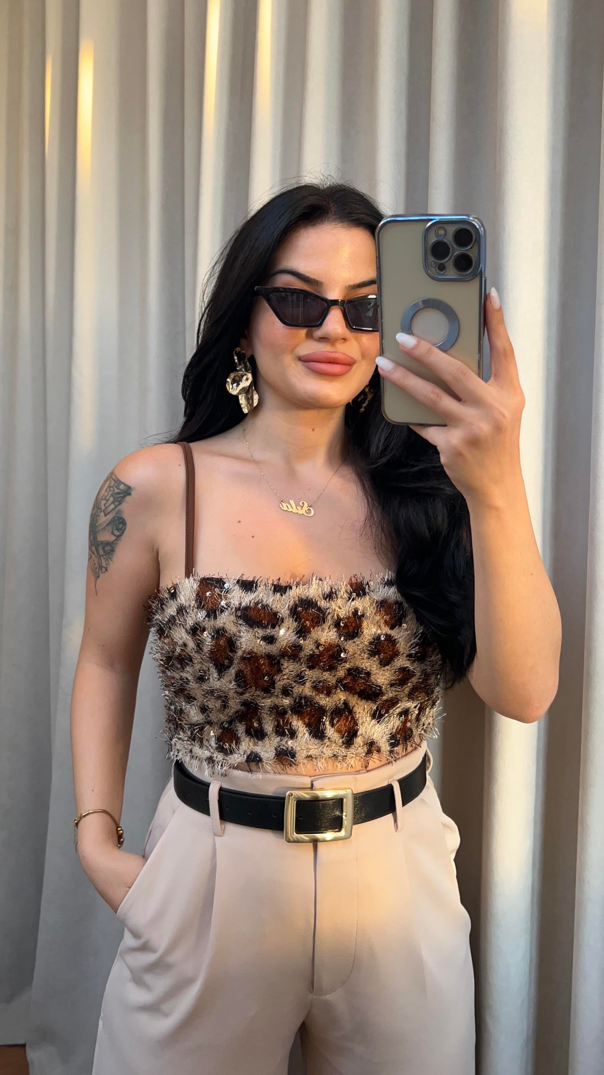 LEOPAR DESENLİ PULLU CROP