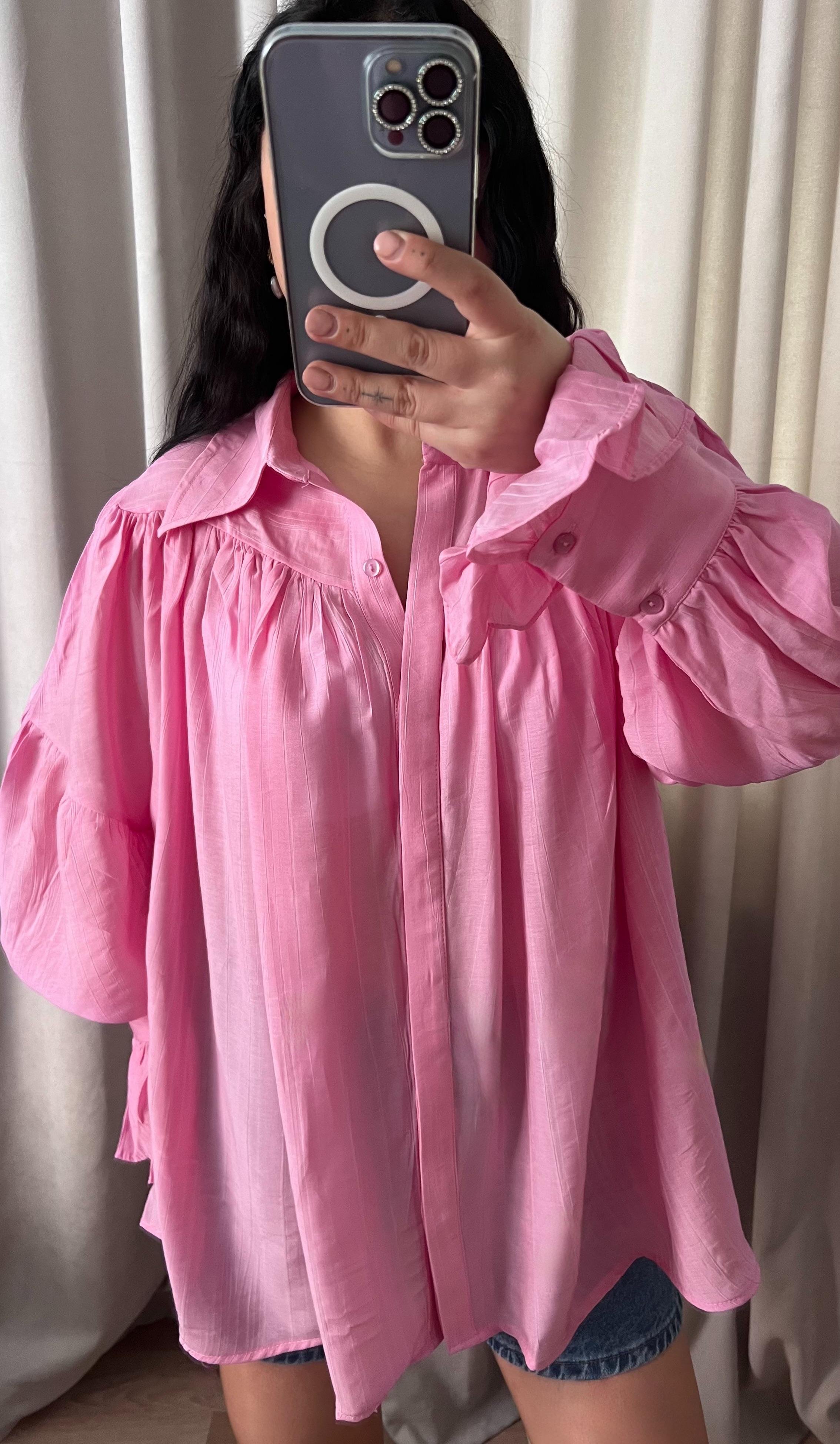PEMBE BÜZGÜLÜ TASARIM GÖMLEK