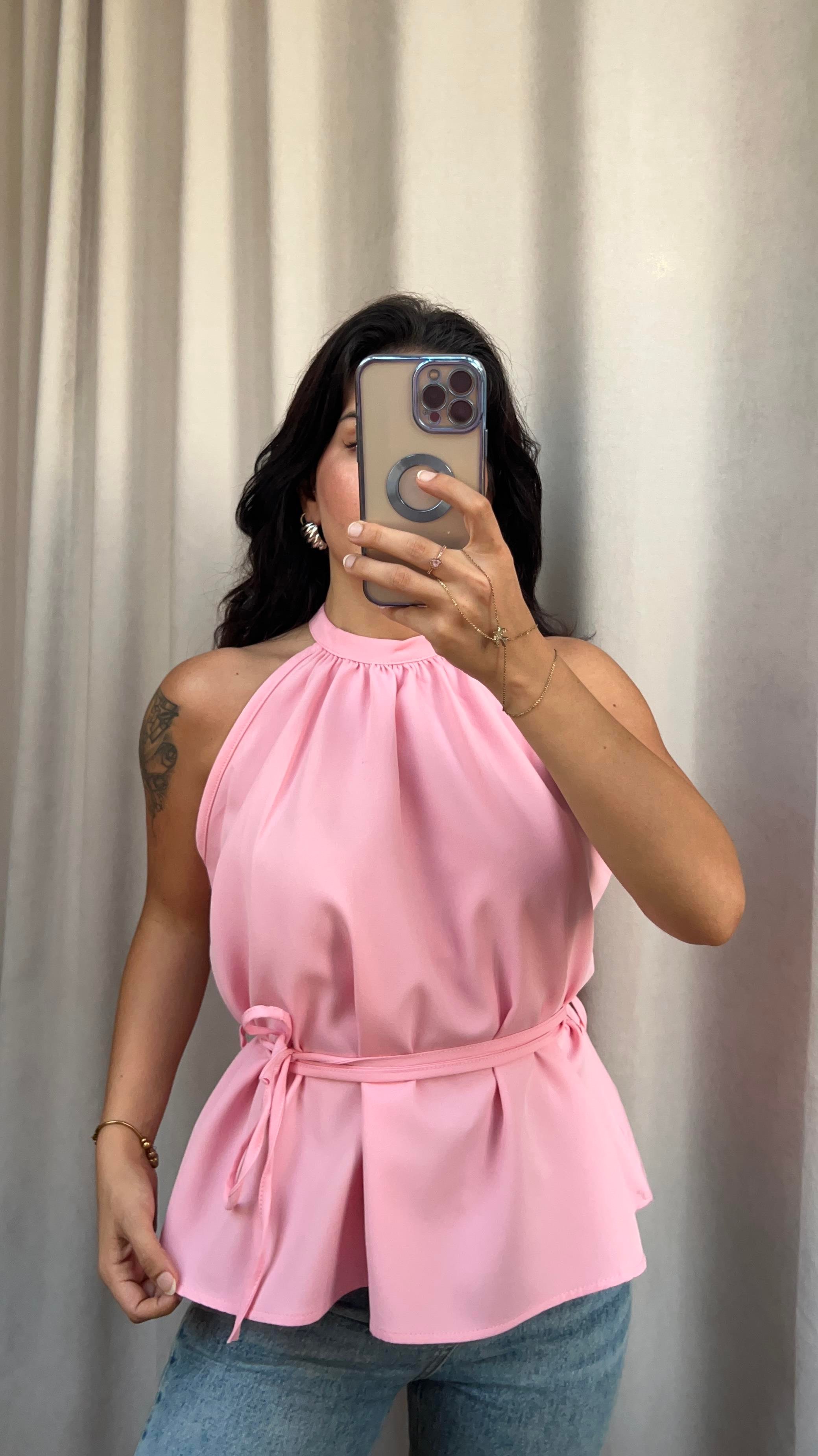 PEMBE İP KEMERLİ KOLSUZ BLUZ