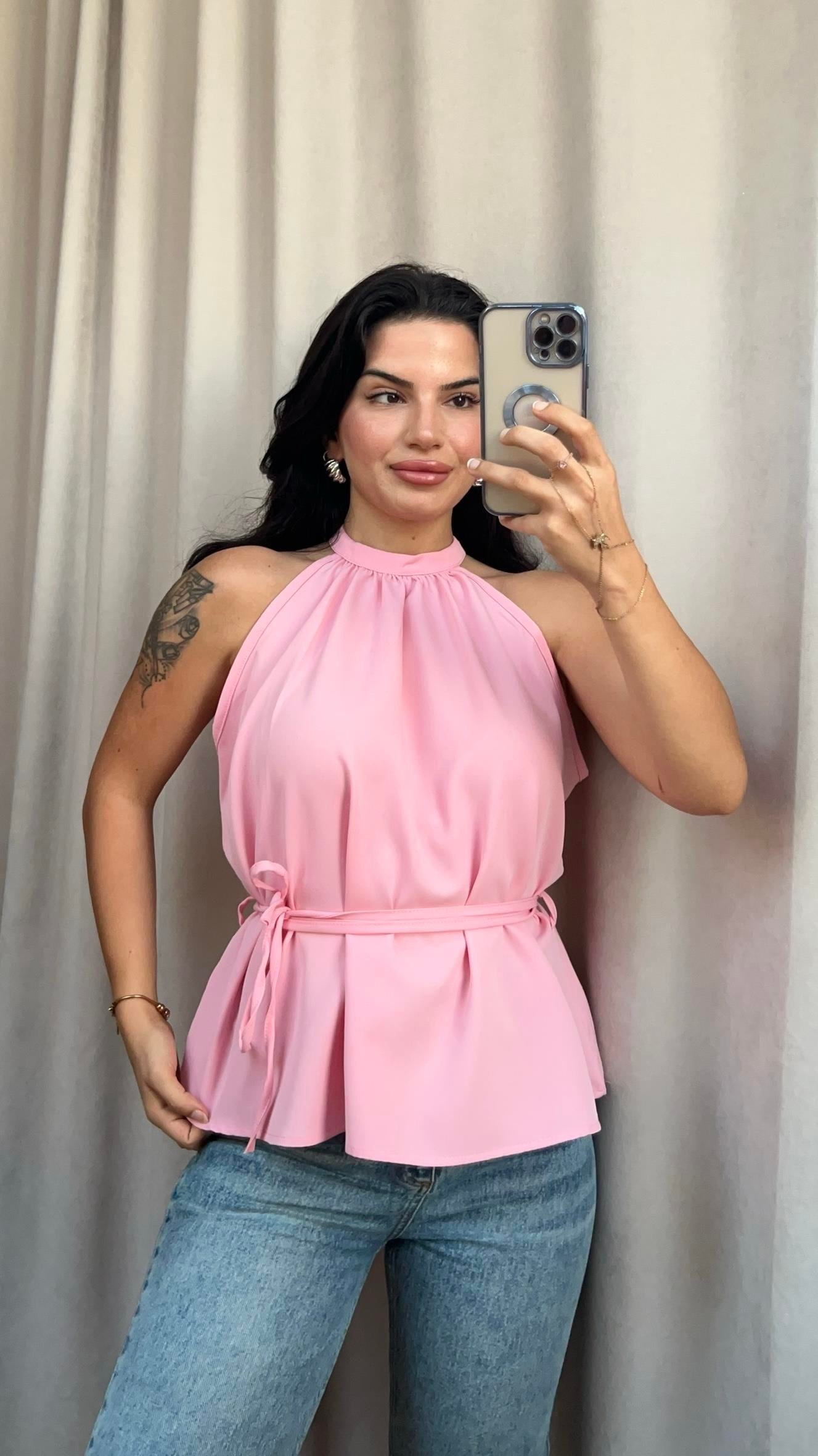 PEMBE İP KEMERLİ KOLSUZ BLUZ