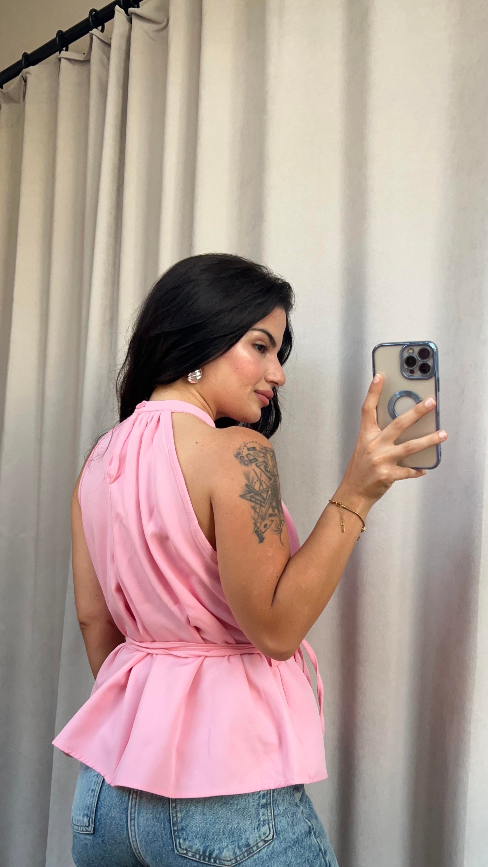 PEMBE İP KEMERLİ KOLSUZ BLUZ