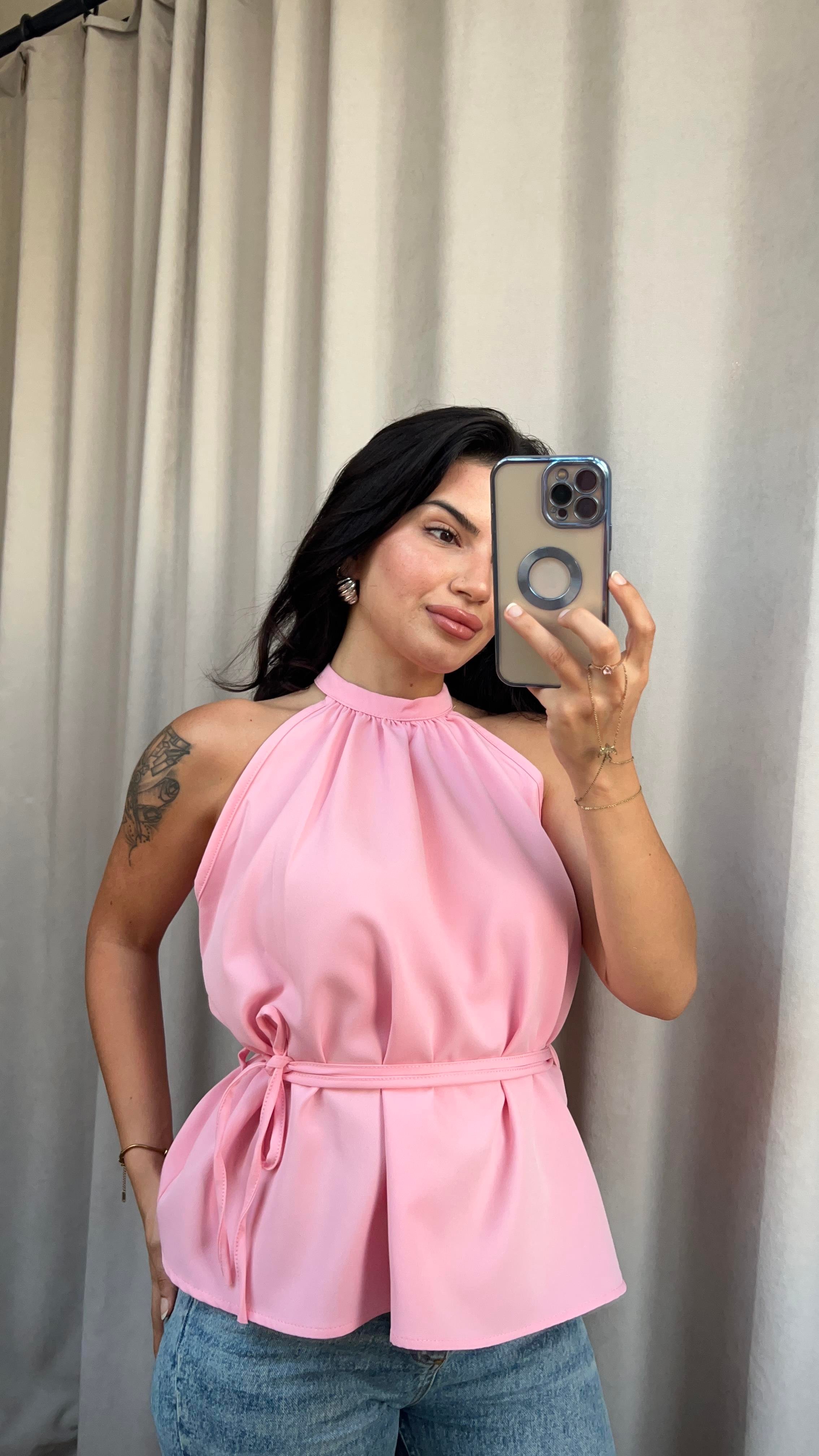 PEMBE İP KEMERLİ KOLSUZ BLUZ