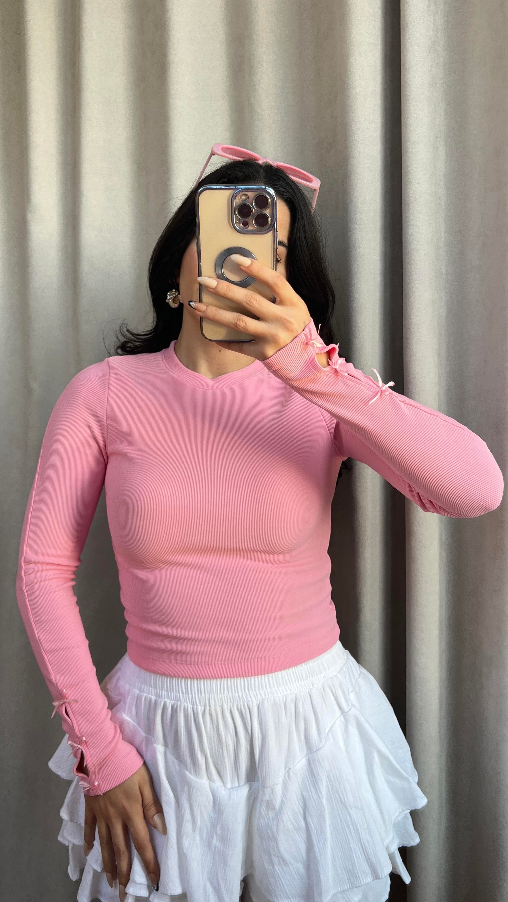 PEMBE OTTOMAN KUMAŞ KOL KURDELELİ BLUZ