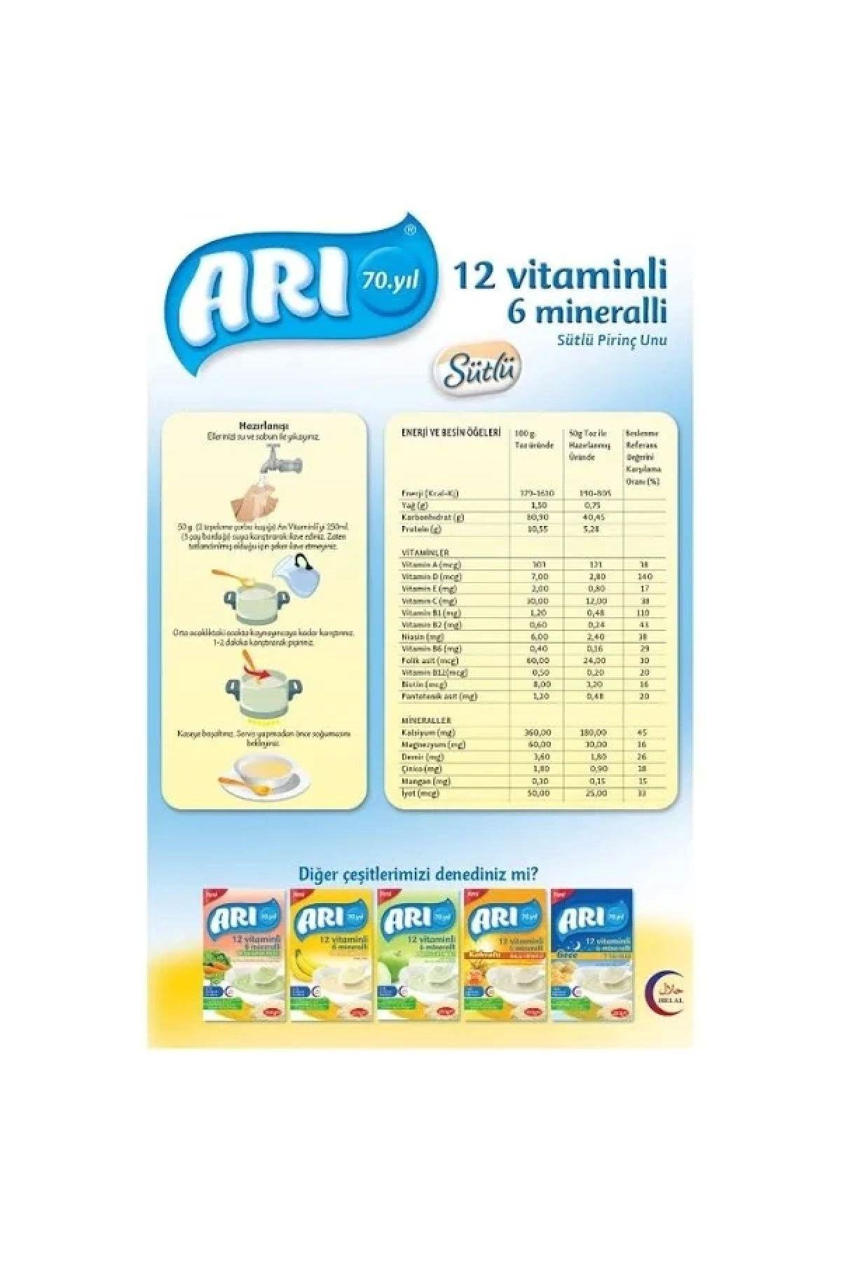 Arı Mama Arı 12 Vitaminli 6 Mineralli 7 Tahıllı Sütlü Pirinç Unu Gece 250 gr