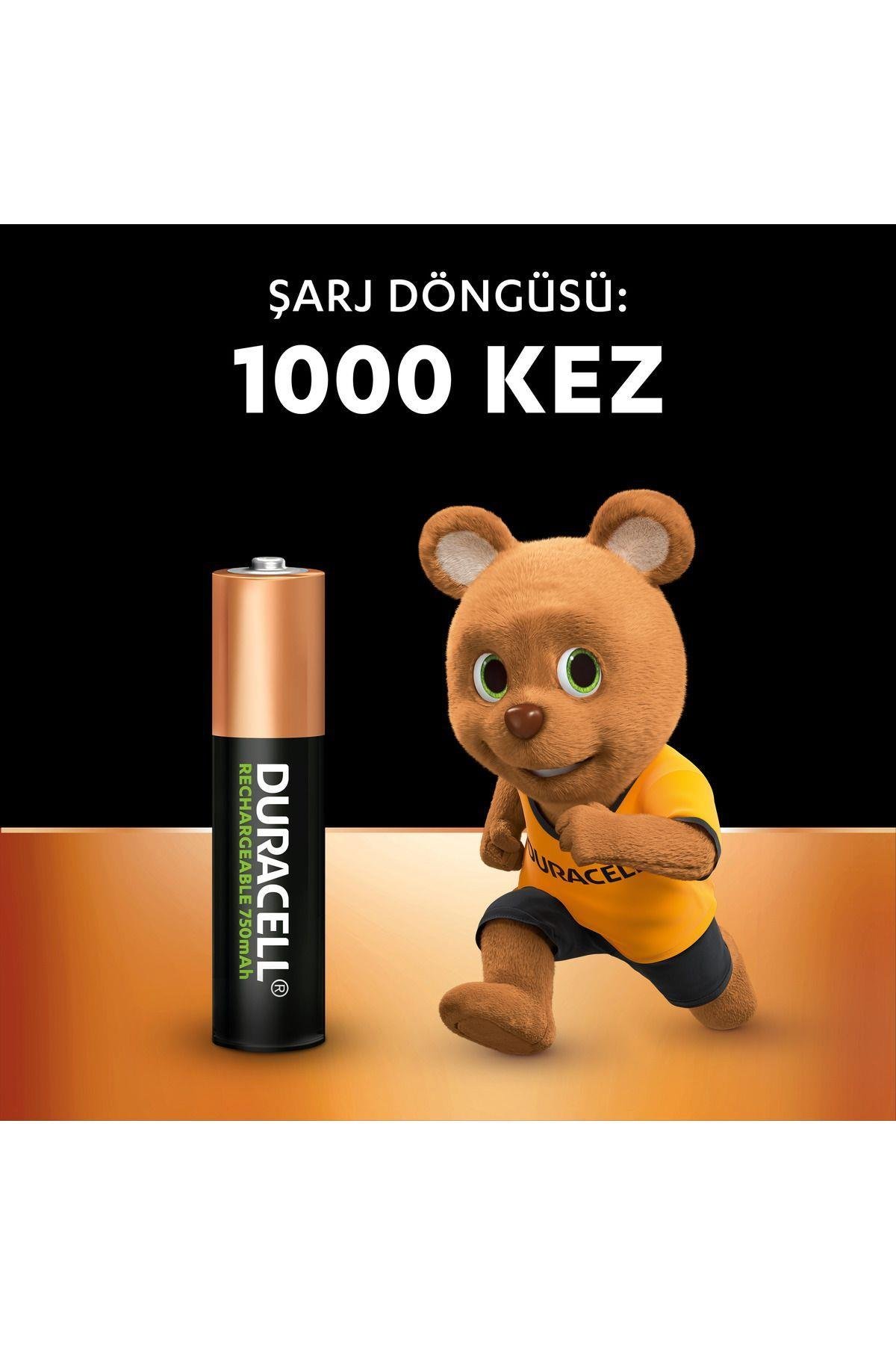 Duracell Şarj Edilebilir AAA İnce Kalem Pil (2'li Paket), 750 mAh NiMH, 1000 şarj döngüsü,