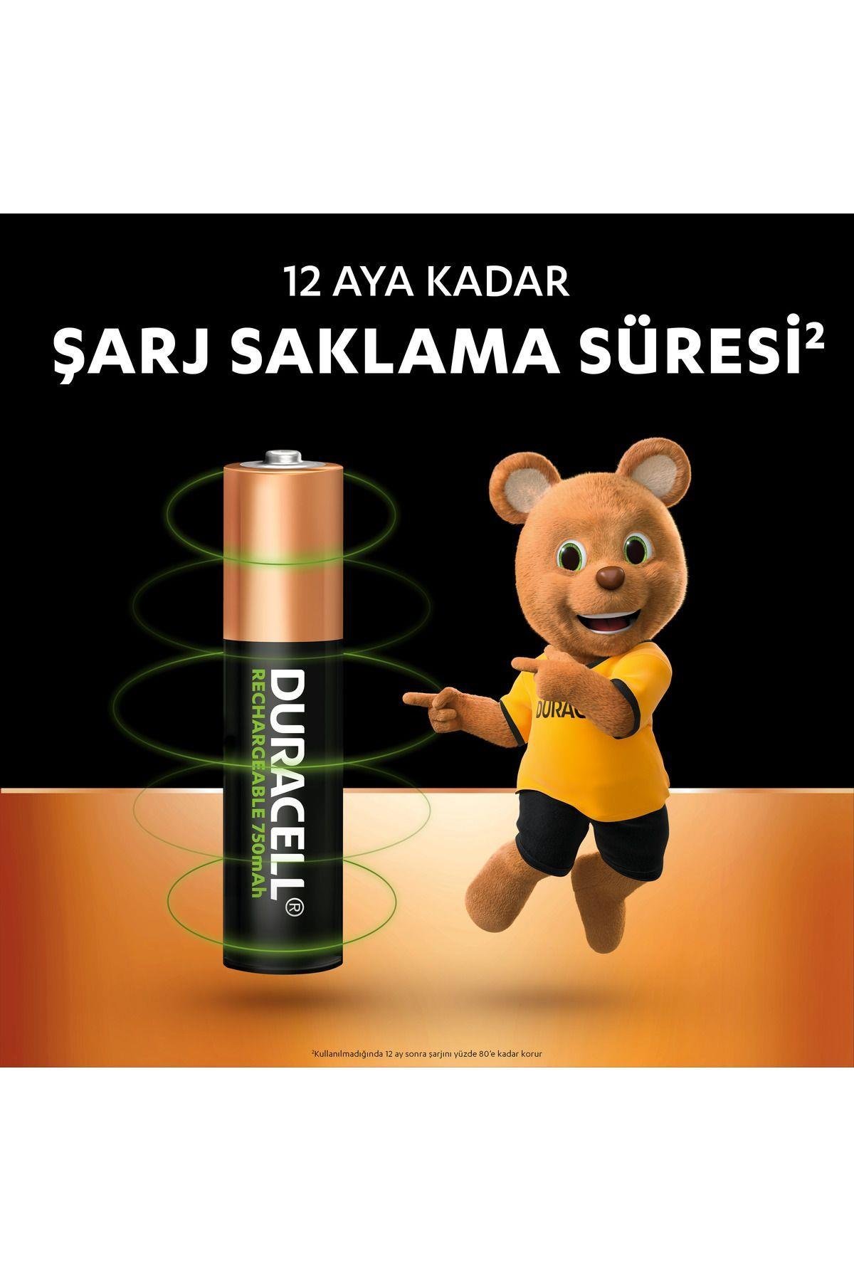 Duracell Şarj Edilebilir AAA İnce Kalem Pil (2'li Paket), 750 mAh NiMH, 1000 şarj döngüsü,