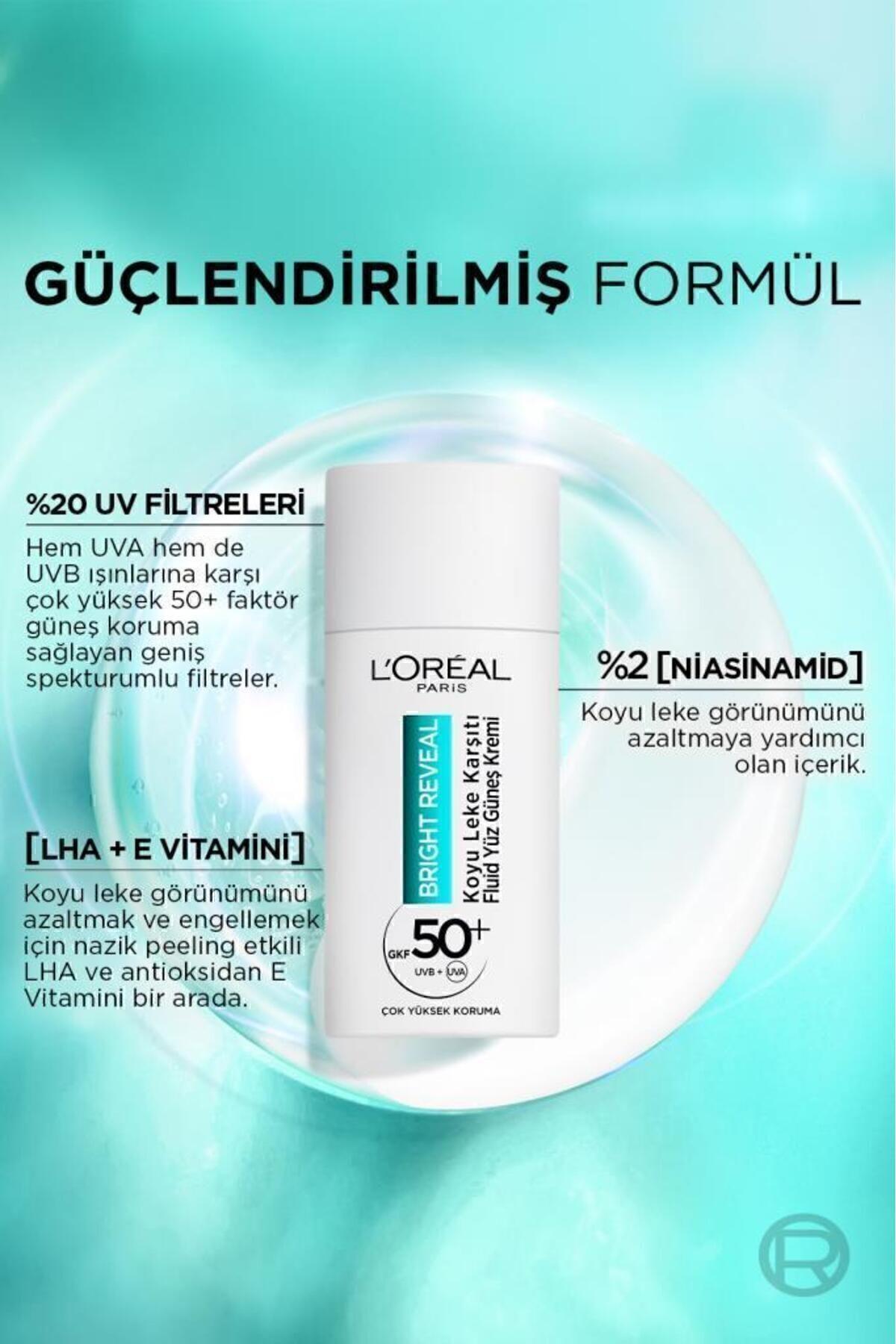 L'Oreal Paris Bright Reveal Spf 50+ Koyu Leke Karşıtı Fluid Günlük Yüz Güneş Kremi 50ml Yüksek Koruma