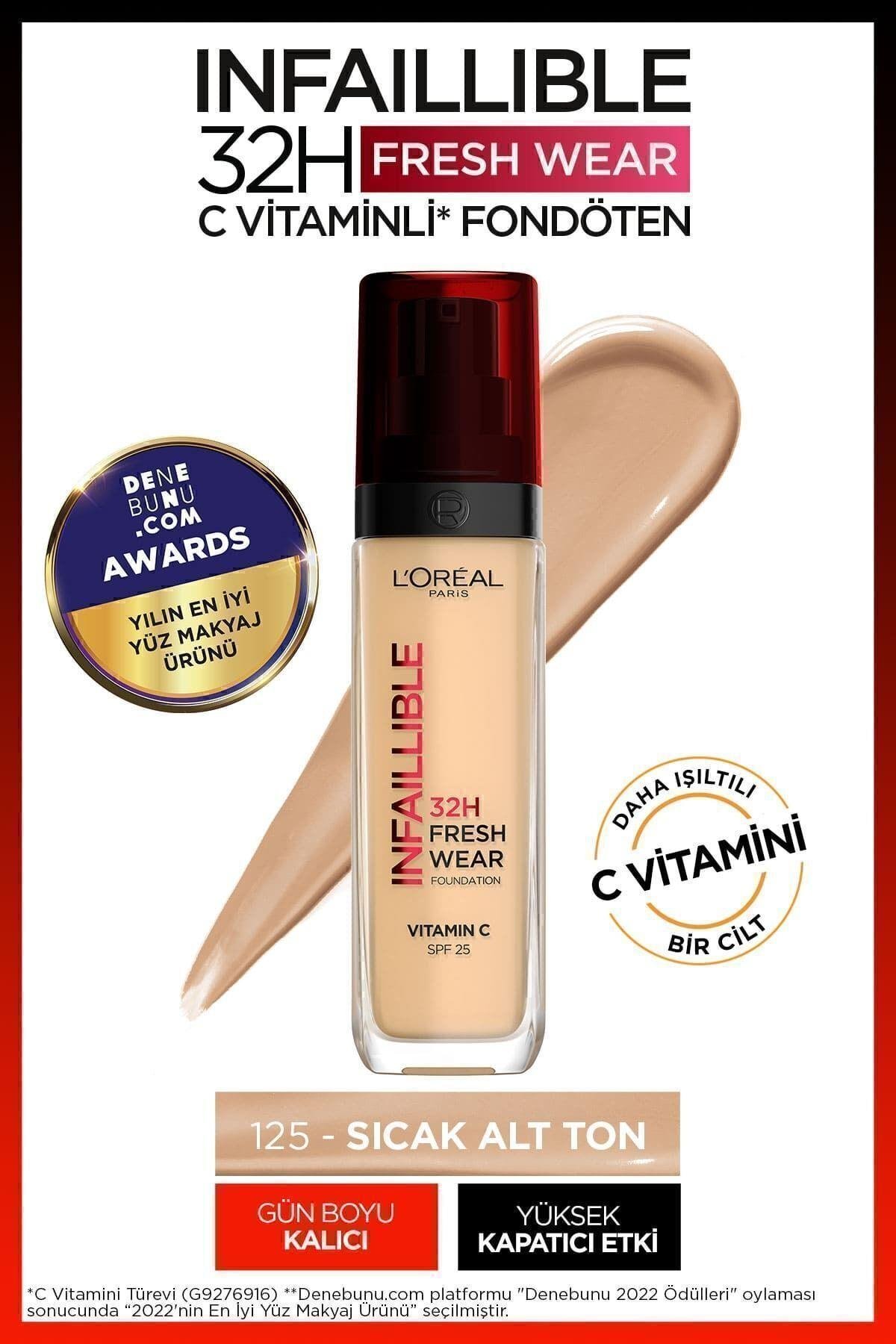 L'Oreal Paris L'Oréal Paris Infaillible 32H Fresh Wear C Vitaminli Fondöten - 125 Natural Beige Kapatıcı