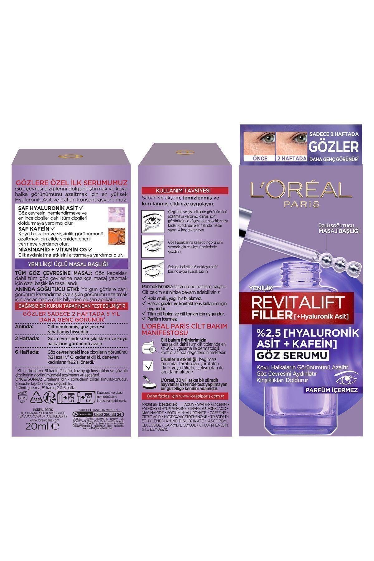 L'Oreal Paris Revitalift Filler Göz Çevresini Aydınlatıcı, Koyu Halka Görünümünü Azaltan Göz Serumu 20ml