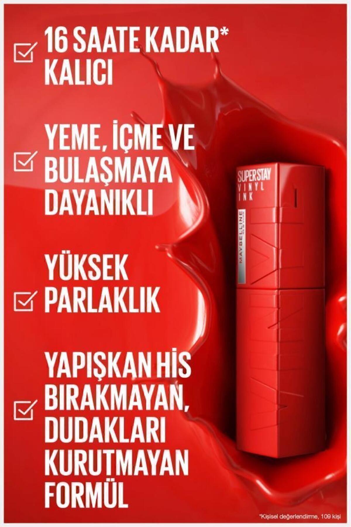 Maybelline New York Super Stay Vinyl Ink Uzun Süre Kalıcı Kırmızı Tonlu Likit Parlak Ruj 10 Lippy