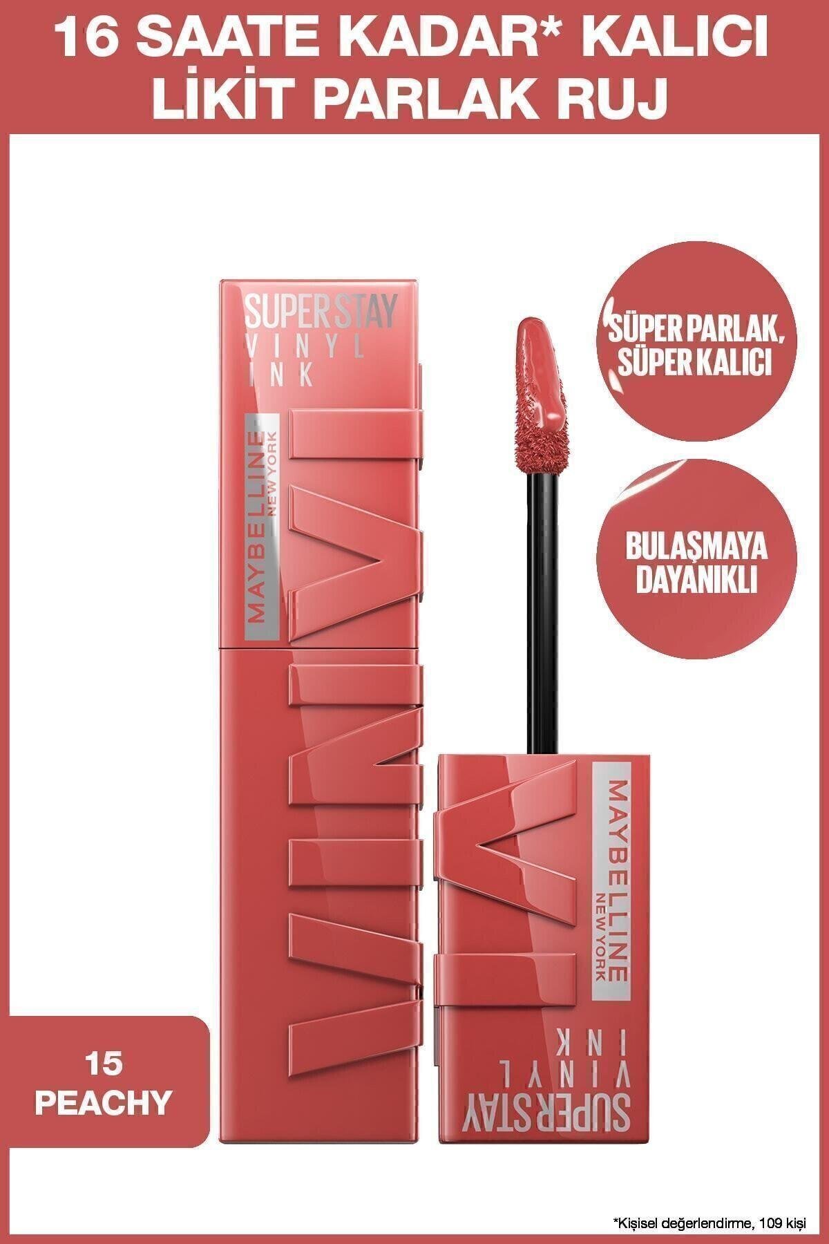 Maybelline New York Super Stay Vinyl Ink Uzun Süre Kalıcı Şeftali Tonlu Likit Parlak Ruj 15 Peachy
