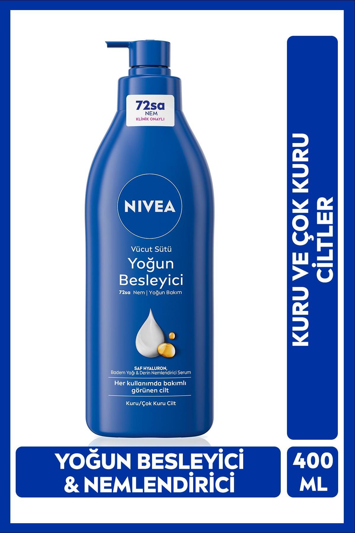 NIVEA Besleyici Vücut Sütü 400ml, Kuru Ve Çok Kuru Ciltler, 72 Saat Nemlendirici, E Vitamini, Badem Yağı