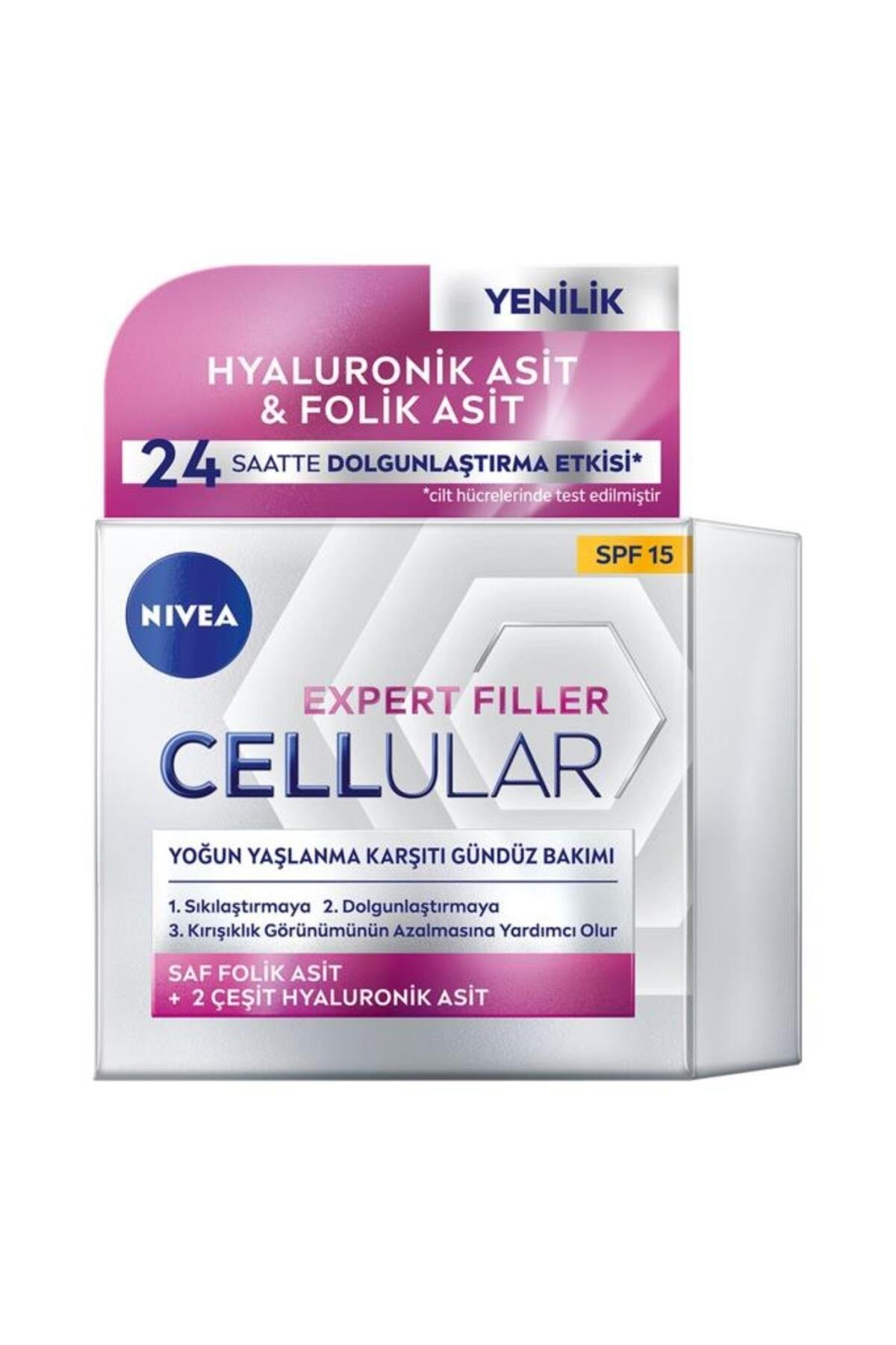 NIVEA Cellular Expert Filler Yoğun Yaşlanma Karşıtı Gündüz Bakım Yüz Kremi 50ml, Spf15, Hyaluronik Asit