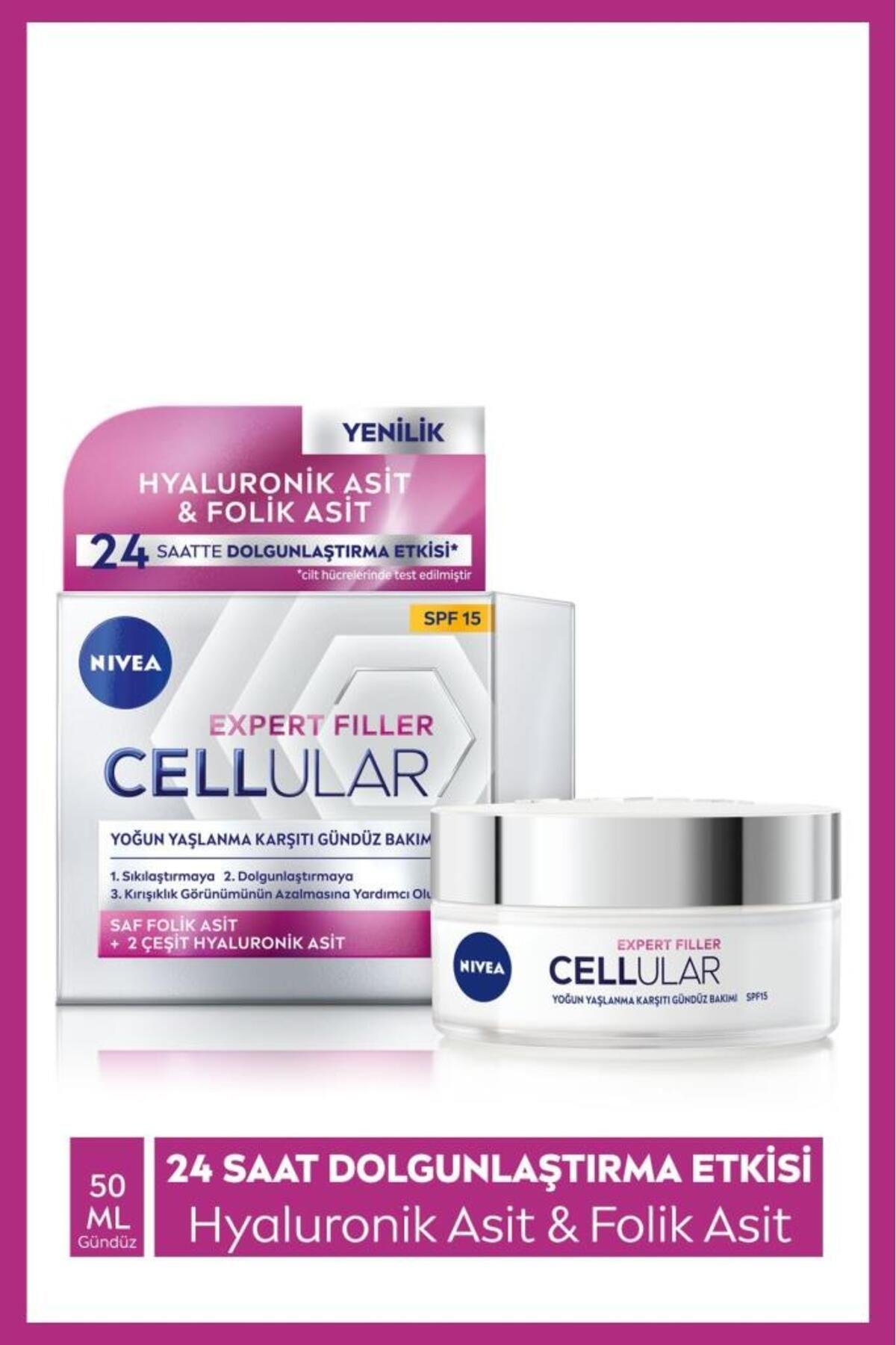 NIVEA Cellular Expert Filler Yoğun Yaşlanma Karşıtı Gündüz Bakım Yüz Kremi 50ml, Spf15, Hyaluronik Asit