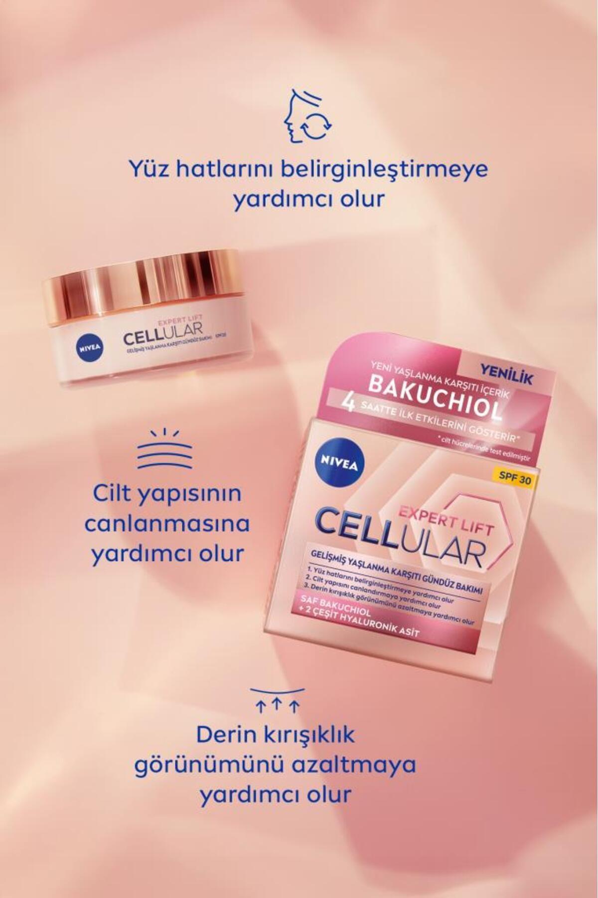 NIVEA Cellular Expert Lift Yaşlanma Karşıtı Gündüz Yüz Bakım Kremi 50ml, Spf30, Bakuchiol, Hyaluronik Asit