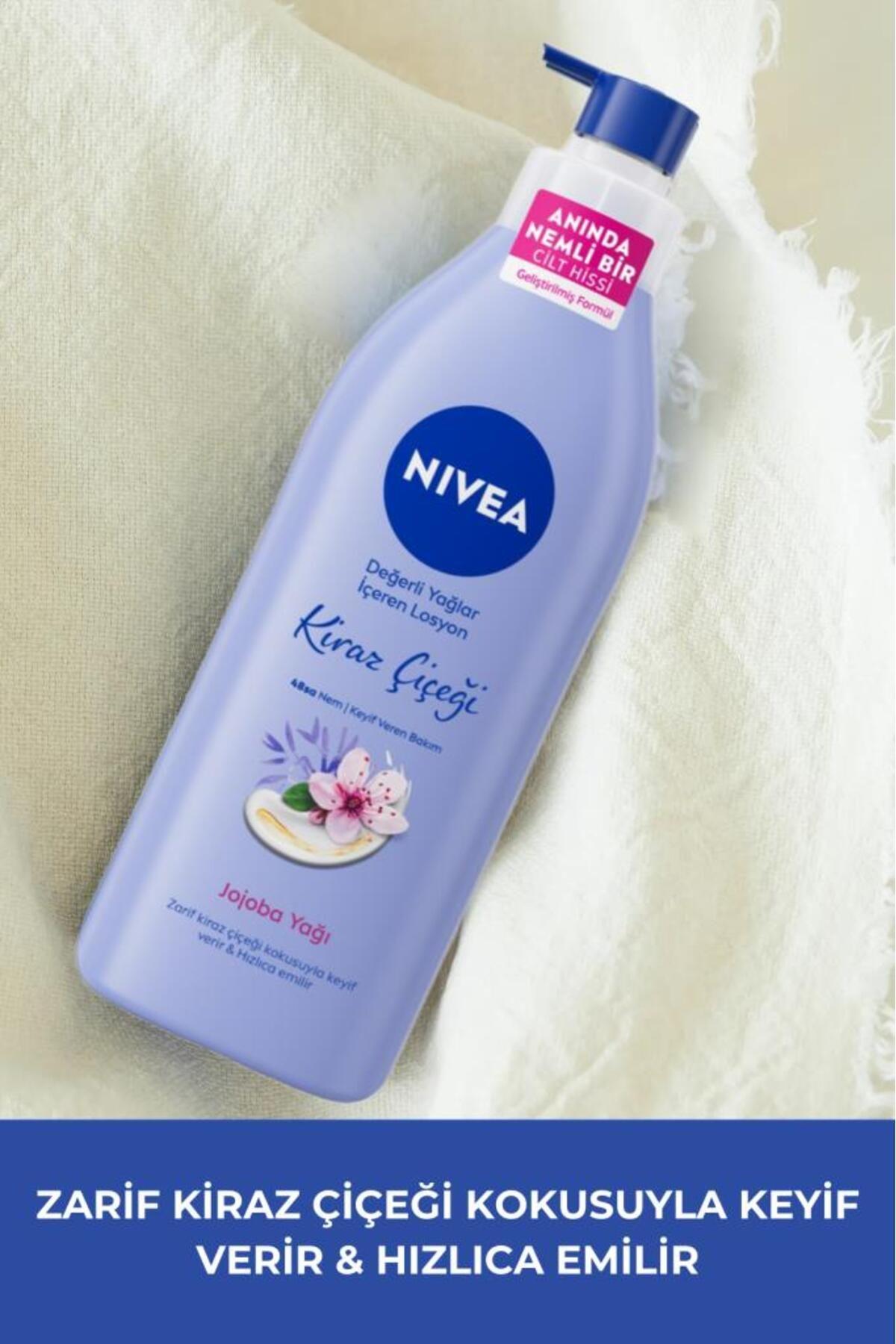 NIVEA Değerli Yağlar İçeren Nemlendirici Vücut Losyonu 400ml, Kiraz Çiçeği, Jojoba Yağı, Kuru Cilt Tipleri