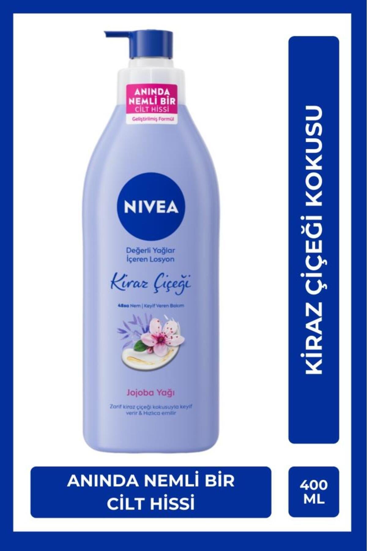 NIVEA Değerli Yağlar İçeren Nemlendirici Vücut Losyonu 400ml, Kiraz Çiçeği, Jojoba Yağı, Kuru Cilt Tipleri