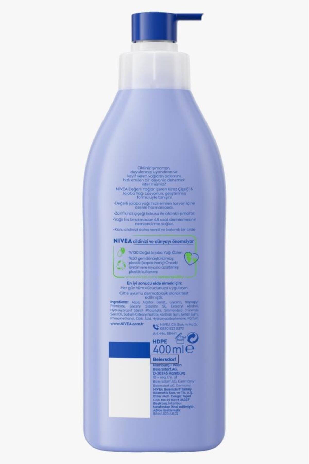 NIVEA Değerli Yağlar İçeren Nemlendirici Vücut Losyonu 400ml, Kiraz Çiçeği, Jojoba Yağı, Kuru Cilt Tipleri