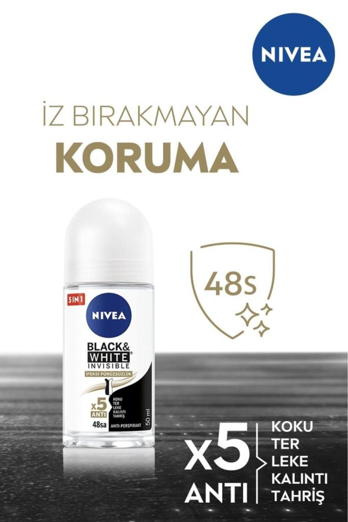 NIVEA Kadın Roll-on Deodorant Black&white Invisible Ipeksi Pürüzsüzlük 50ml, Ter Kokusuna Karşı 48 Saat Et