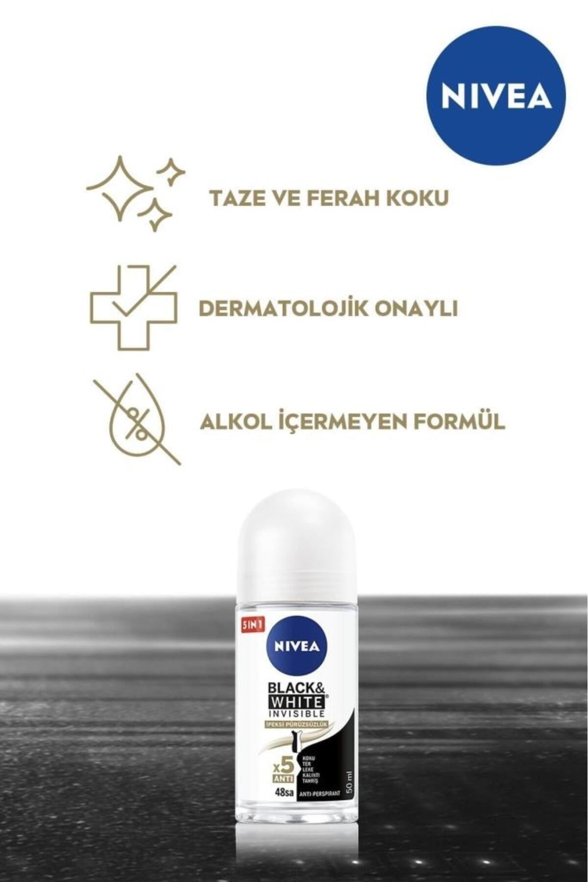 NIVEA Kadın Roll-on Deodorant Black&white Invisible Ipeksi Pürüzsüzlük 50ml, Ter Kokusuna Karşı 48 Saat Et