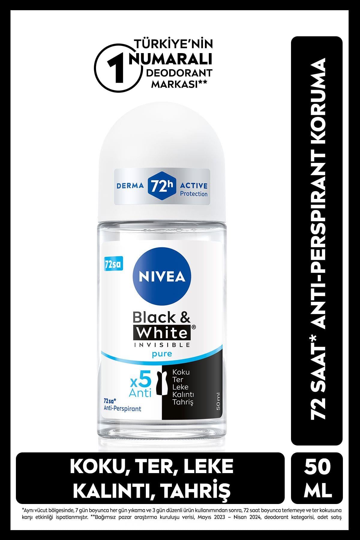 NIVEA Kadın Roll-on Deodorant Black&White Invisible Pure 50ml, 72 Saat Anti-perspirant Ter Koruması
