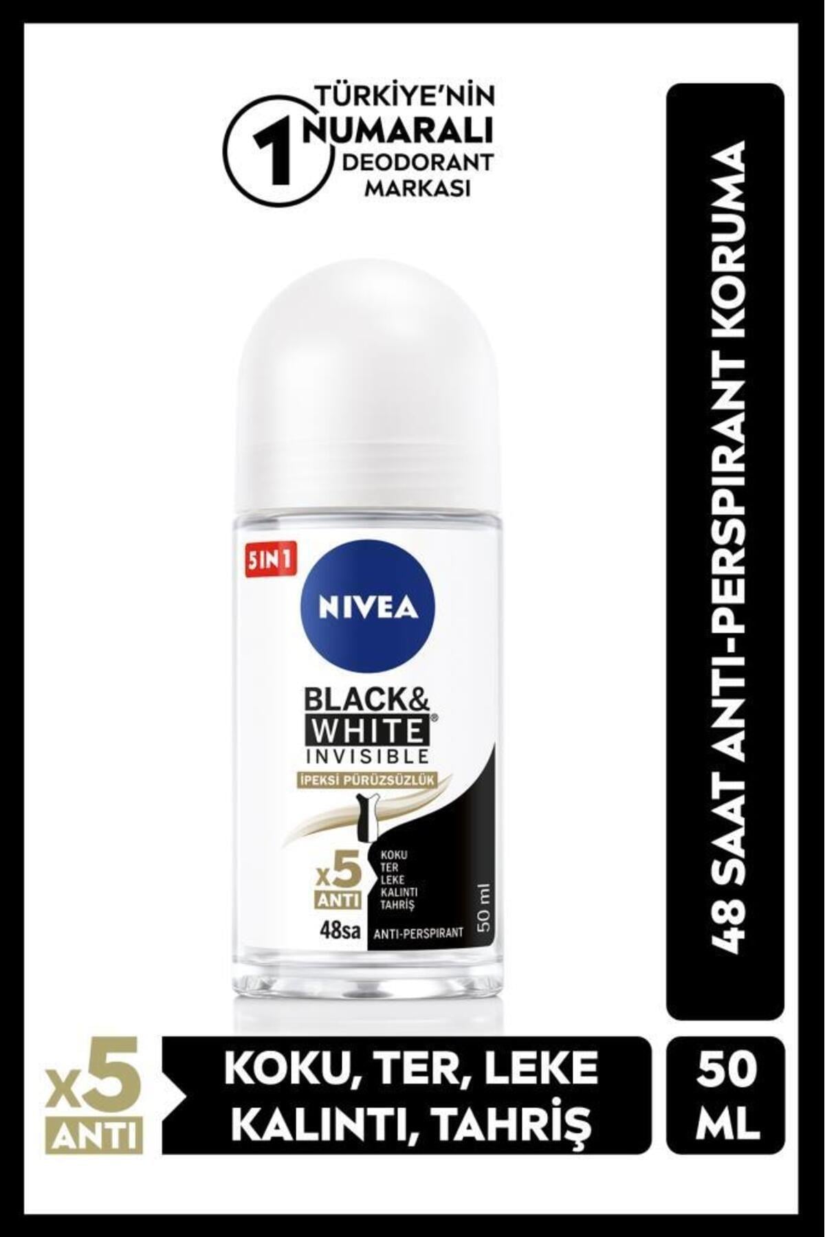 NIVEA Kadın Roll-on Deodorant Black&white Invisible Ipeksi Pürüzsüzlük 50ml, Ter Kokusuna Karşı 48 Saat Et