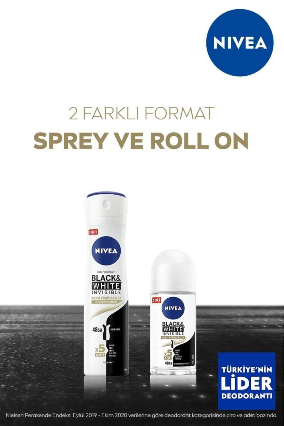 NIVEA Kadın Roll-on Deodorant Black&white Invisible Ipeksi Pürüzsüzlük 50ml, Ter Kokusuna Karşı 48 Saat Et