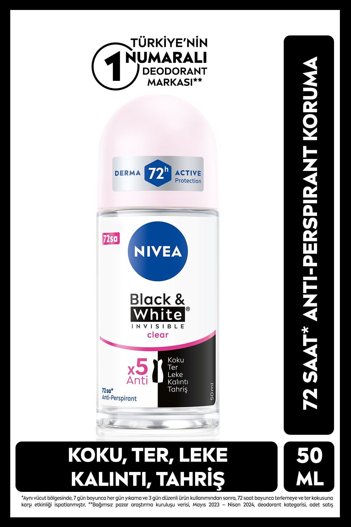 NIVEA Kadın Roll-on Deodorant Black&white Invisible Clear 50ml, 72 Saat Anti-perspirant Ter Koruması