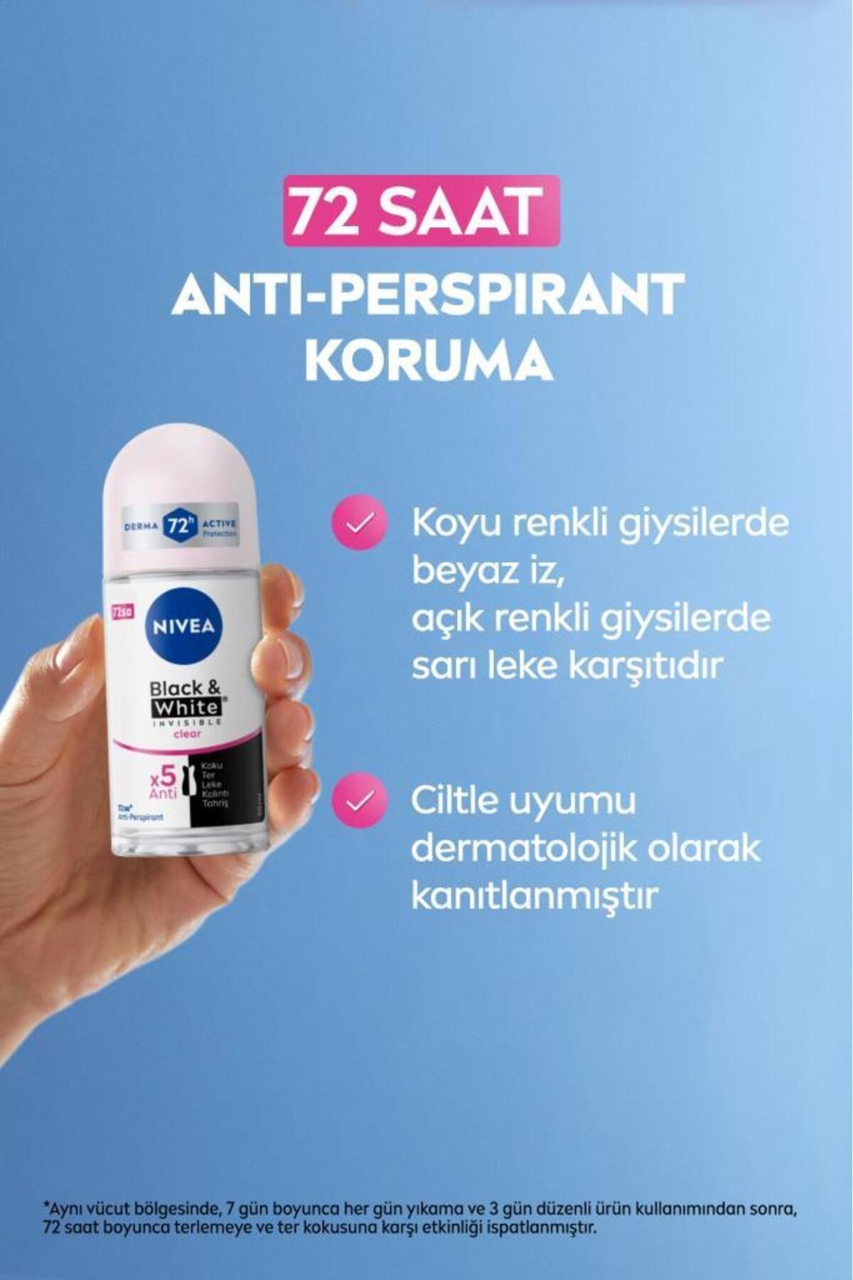 NIVEA Kadın Roll-on Deodorant Black&white Invisible Clear 50ml, 72 Saat Anti-perspirant Ter Koruması