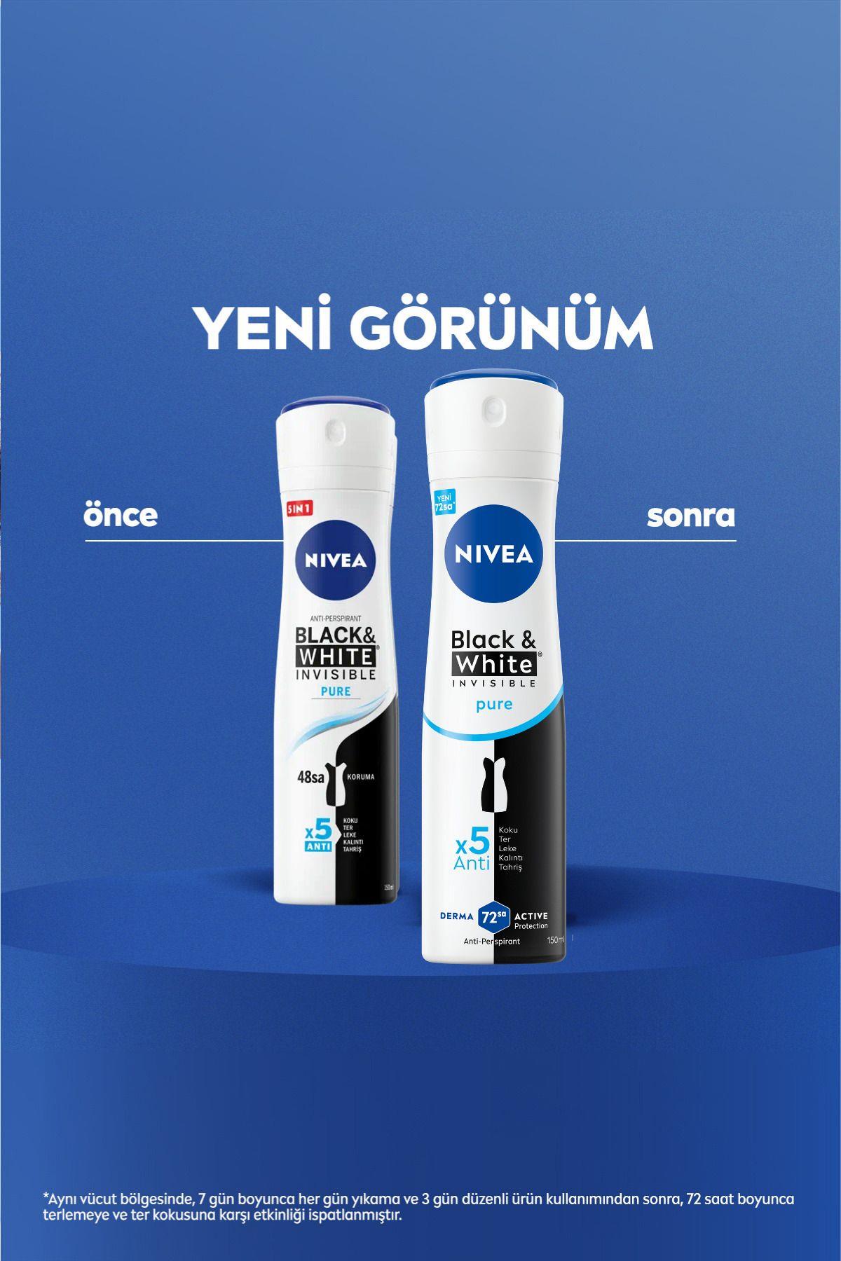 NIVEA Kadın Sprey Deodorant Black&White Invisible Pure 150ml, 72 Saat Anti-perspirant Ter Koruması