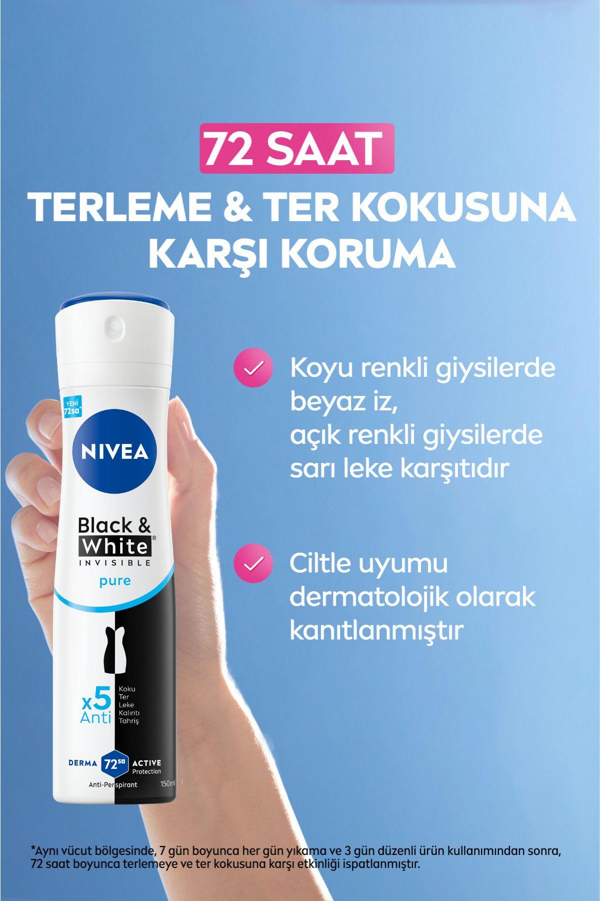 NIVEA Kadın Sprey Deodorant Black&White Invisible Pure 150ml, 72 Saat Anti-perspirant Ter Koruması