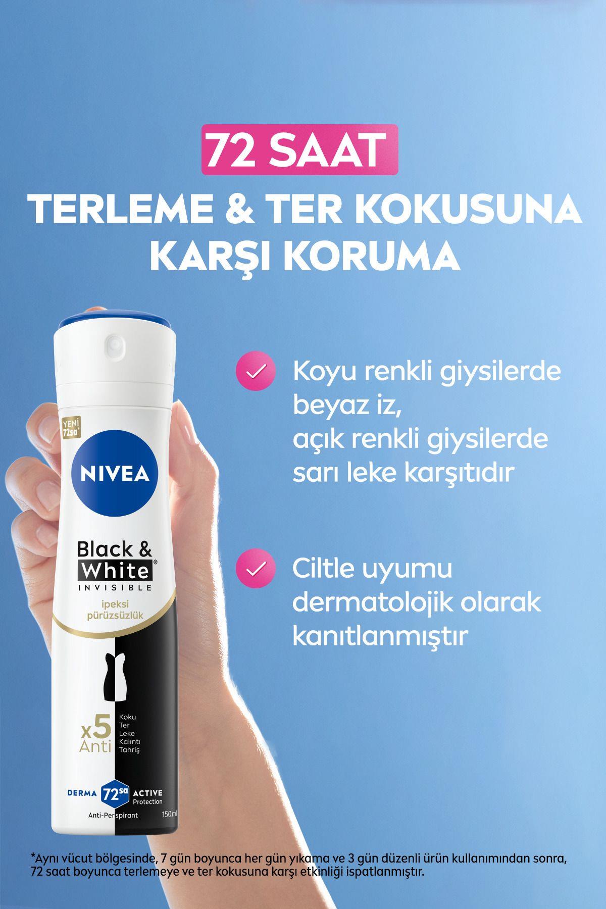 NIVEA Kadın Sprey Deodorant Black&White Invisible İpeksi Pürüzsüz 150ml, 72Saat Anti-perspirant Ter Koruma