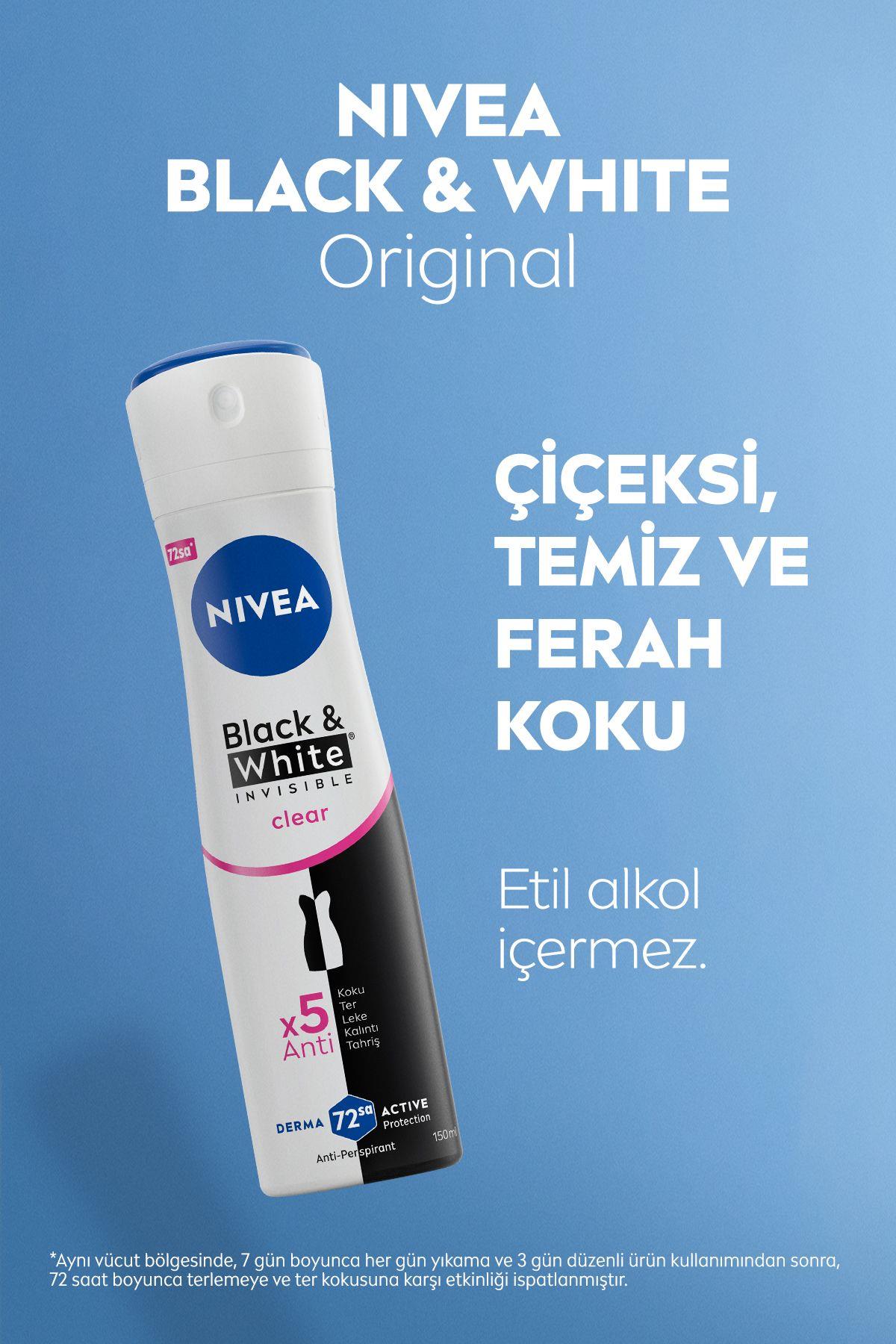 NIVEA Kadın Sprey Deodorant Black&White Invisible Clear 150ml, 72 Saat Anti-perspirant Ter Koruması