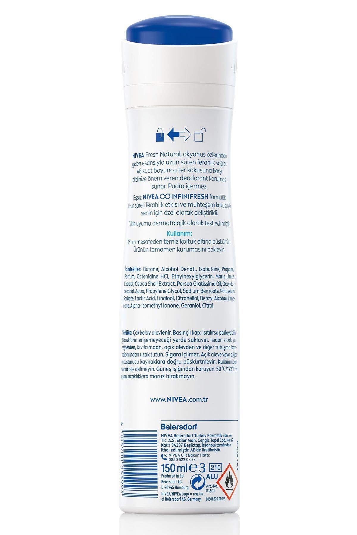 NIVEA Kadın Sprey Deodorant Fresh Natural 150ml, Ter Kokusuna Karşı 48 Saat Koruma, Okyanus Özleri Esansı