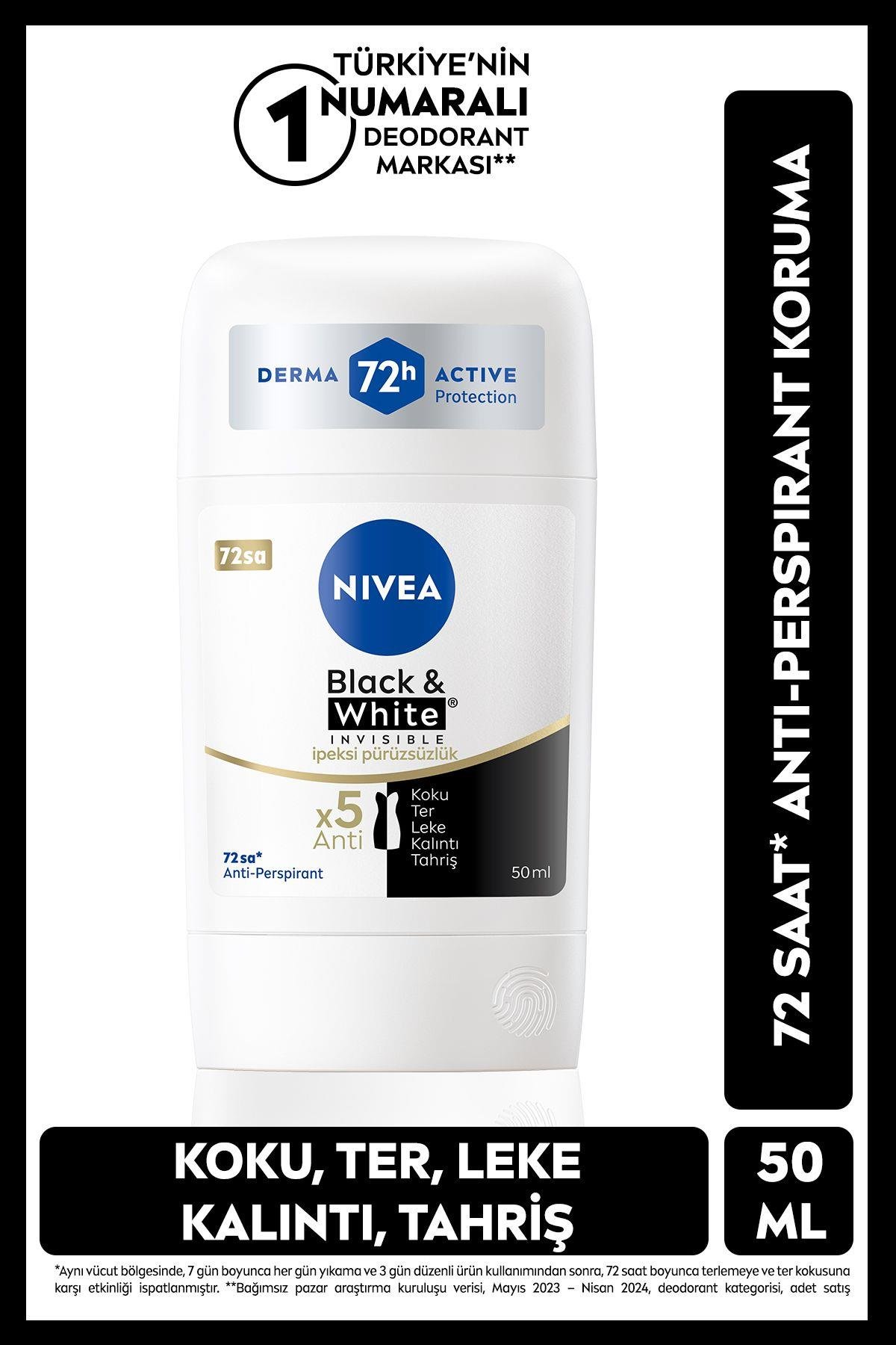 NIVEA Kadın Stick Deodorant Black&white Invisible Ipeksi Pürüzsüzlük 50ml, 72 Saat Anti-perspirant Koruma