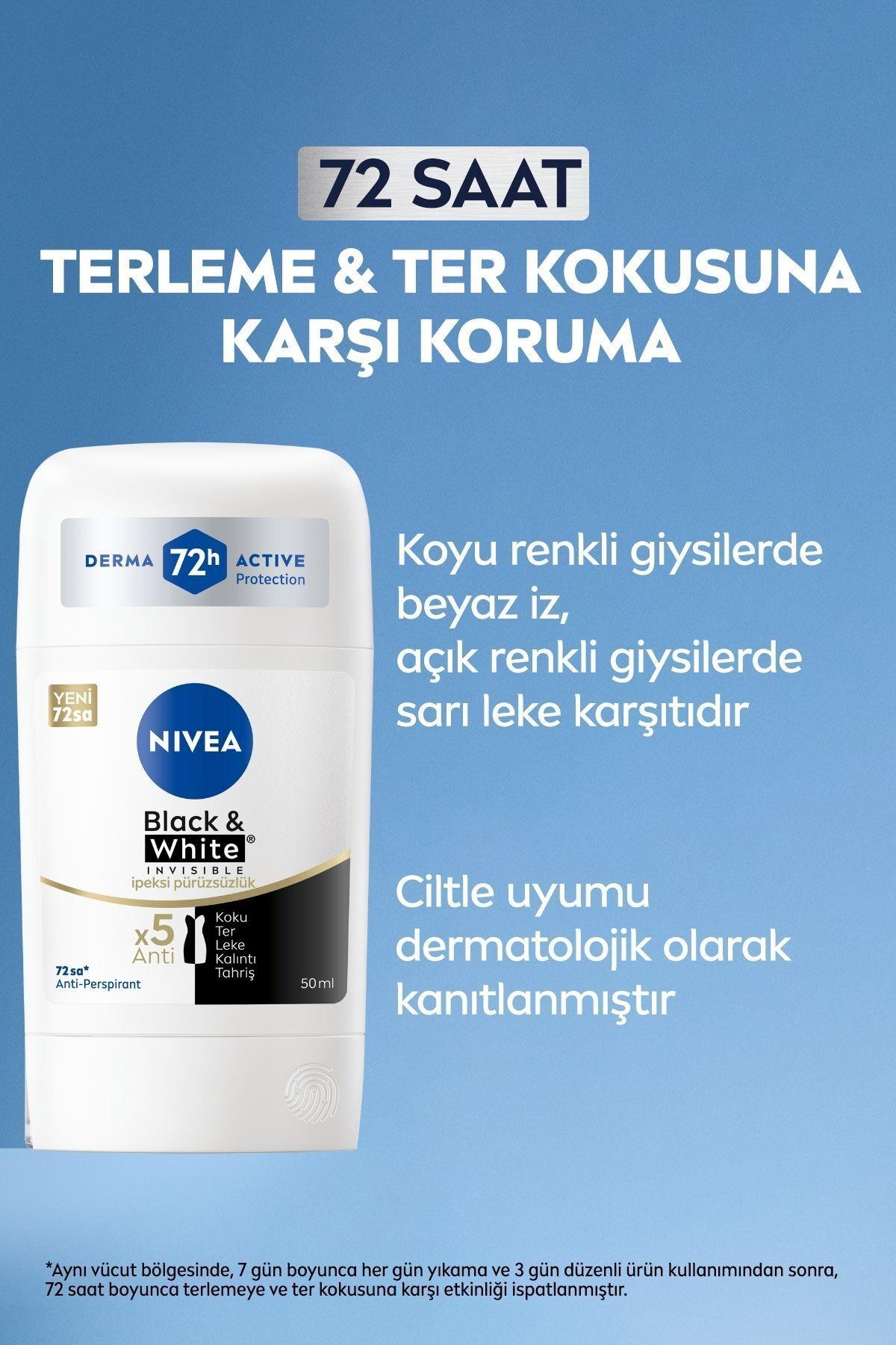 NIVEA Kadın Stick Deodorant Black&white Invisible Ipeksi Pürüzsüzlük 50ml, 72 Saat Anti-perspirant Koruma