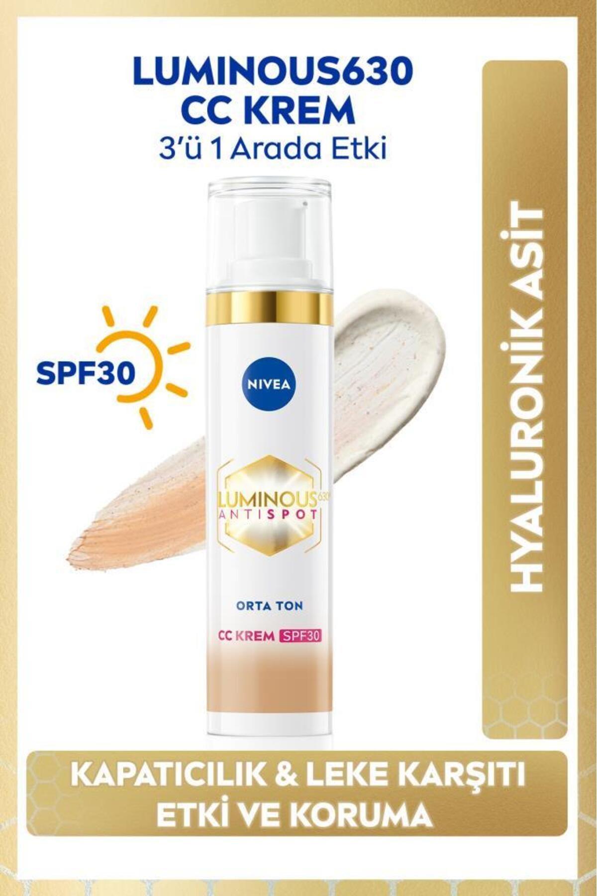 NIVEA Luminous630 Koyu Leke Karşıtı CC Yüz Kremi 40ml, SPF30 Güneş Koruyucu, Hyaluronik Asit, Orta Ton