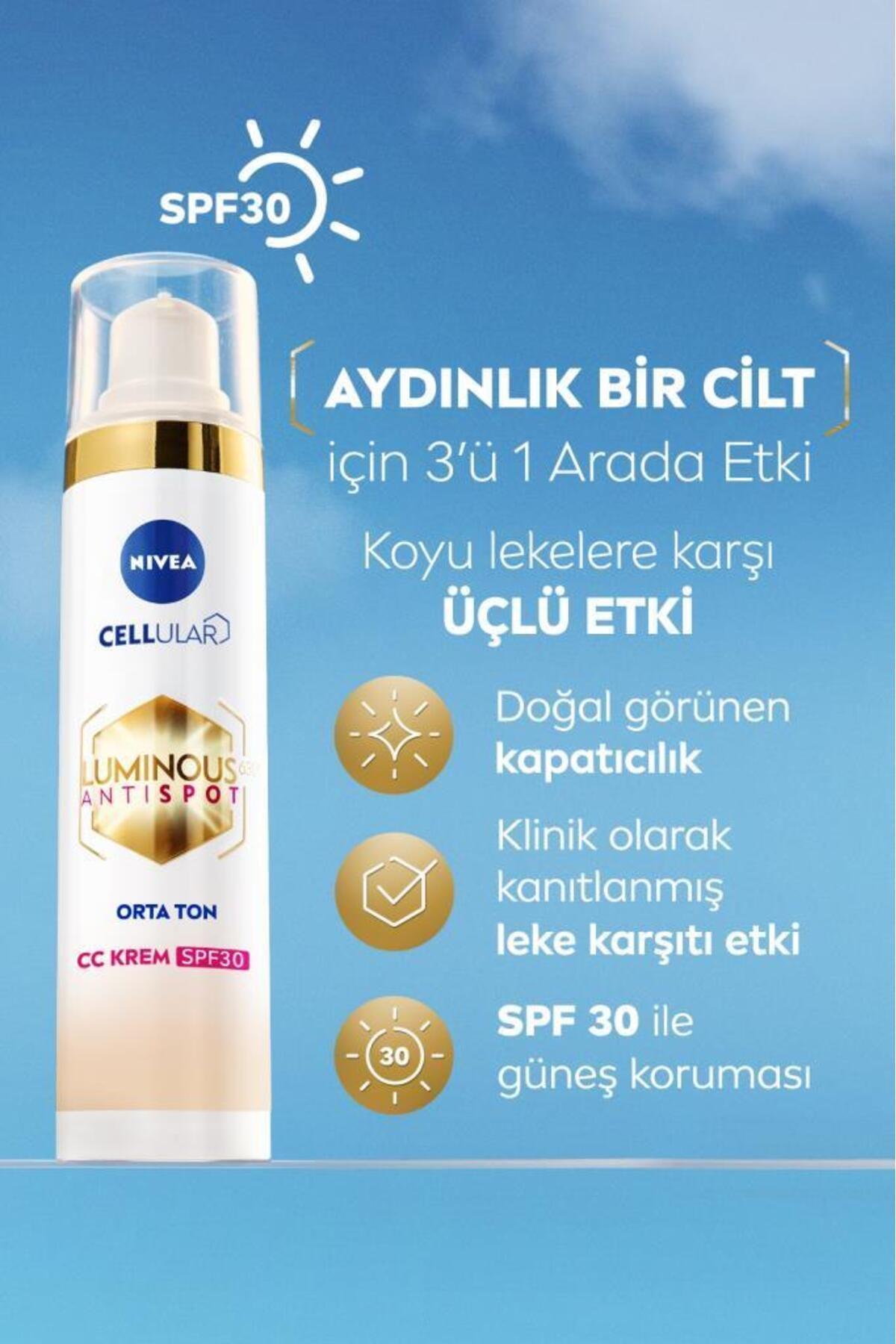 NIVEA Luminous630 Koyu Leke Karşıtı CC Yüz Kremi 40ml, SPF30 Güneş Koruyucu, Hyaluronik Asit, Orta Ton