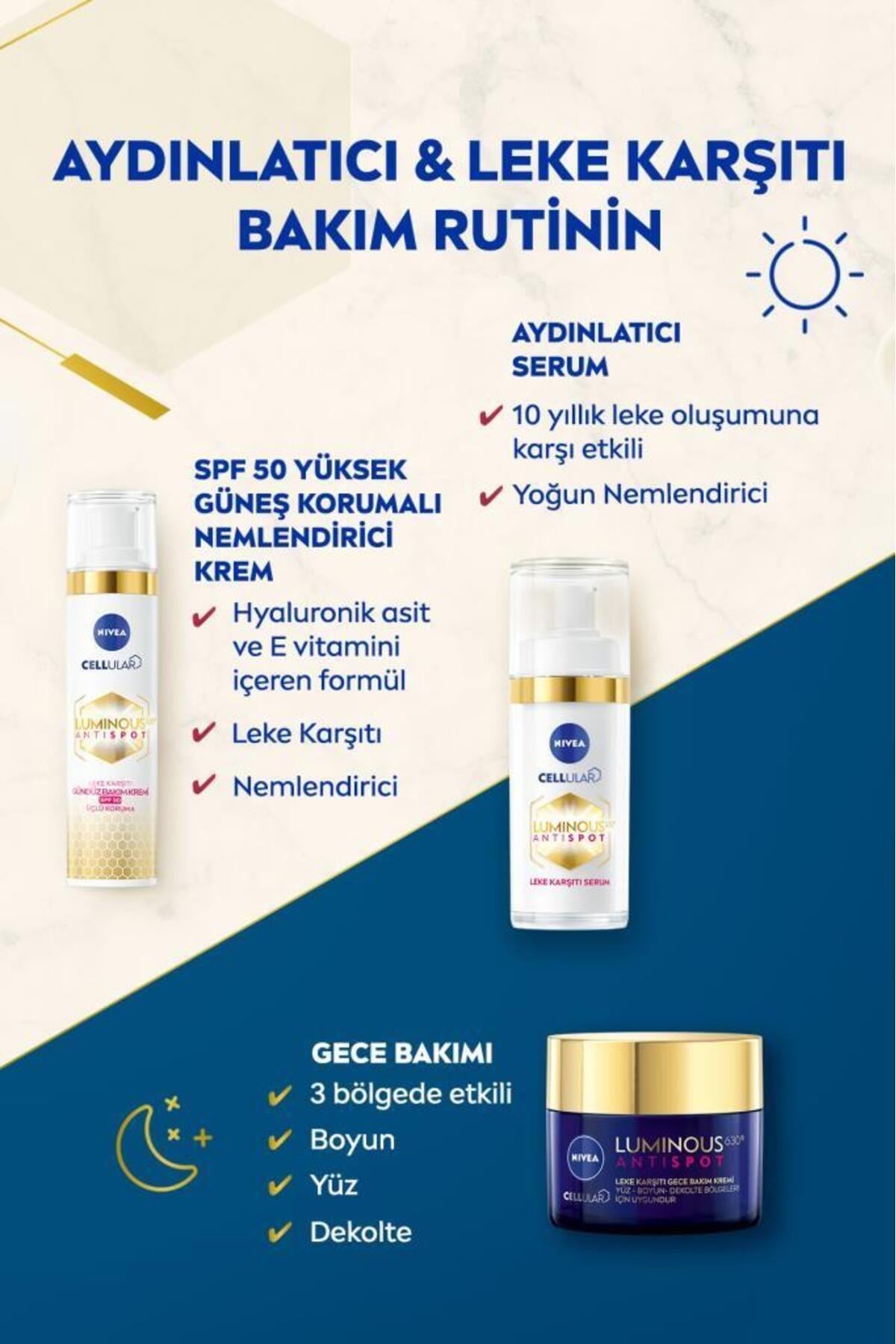 NIVEA Luminous630 Leke Karşıtı Gece Yüz Bakım Kremi 50ml, Cilt Tonu Eşitleyici,Hyalüronik Asit,Aydınlatıcı