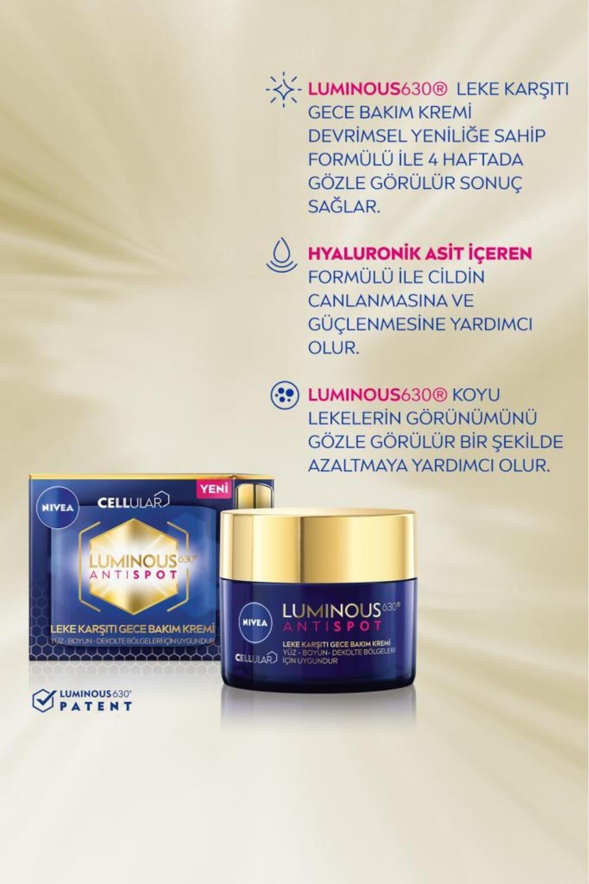 NIVEA Luminous630 Leke Karşıtı Gece Yüz Bakım Kremi 50ml, Cilt Tonu Eşitleyici,Hyalüronik Asit,Aydınlatıcı