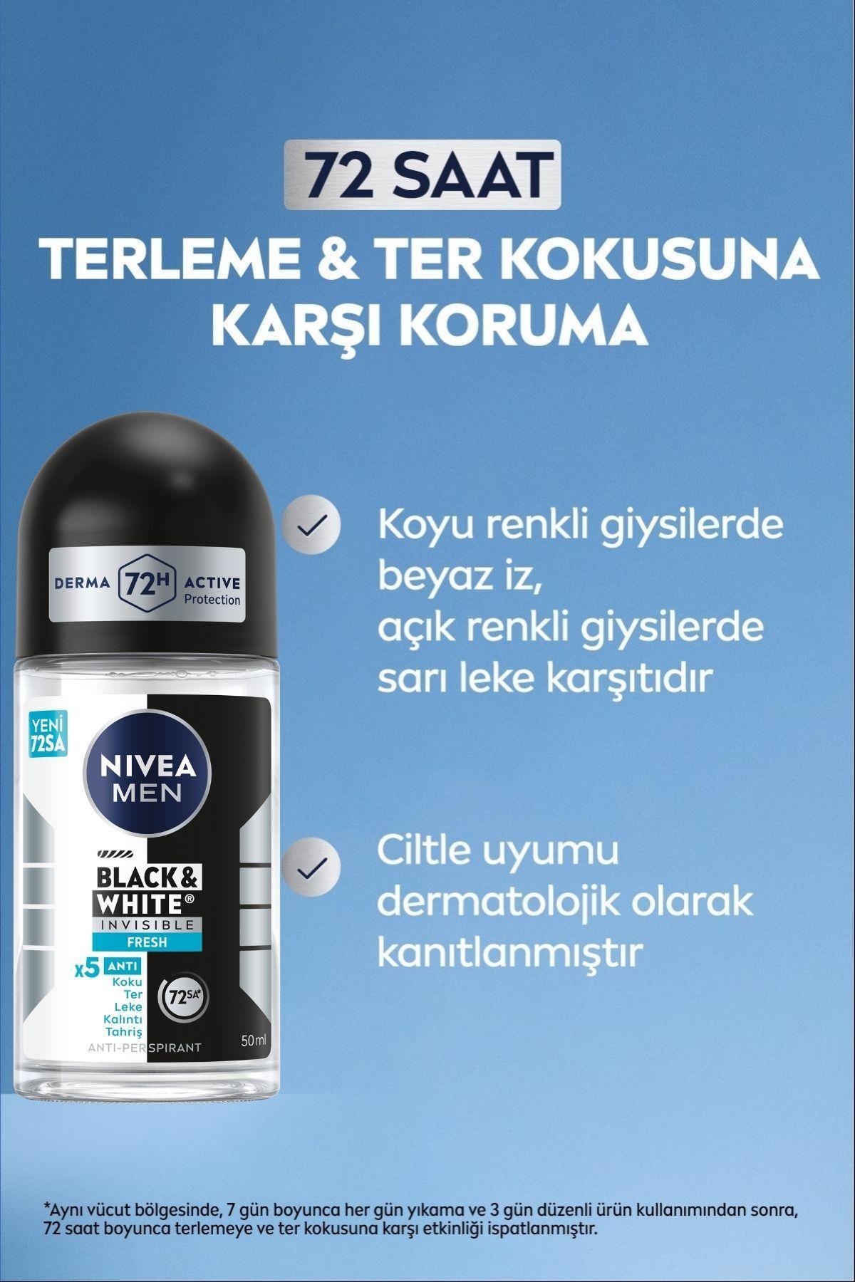 NIVEA MEN Erkek Roll-on Deodorant Black&White Invisible Fresh 50ml, 72 Saat Anti-perspirant Ter Koruması