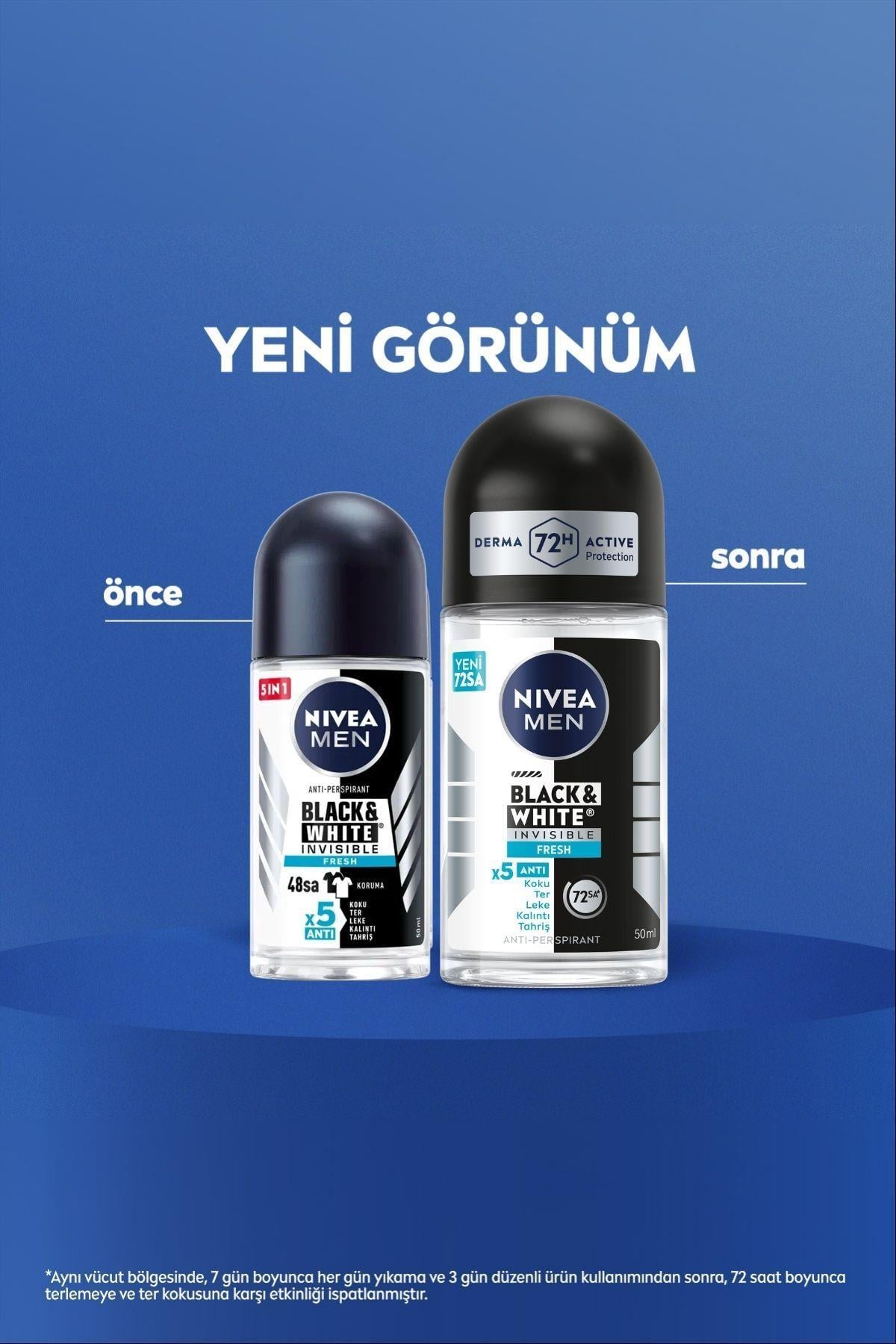NIVEA MEN Erkek Roll-on Deodorant Black&White Invisible Fresh 50ml, 72 Saat Anti-perspirant Ter Koruması