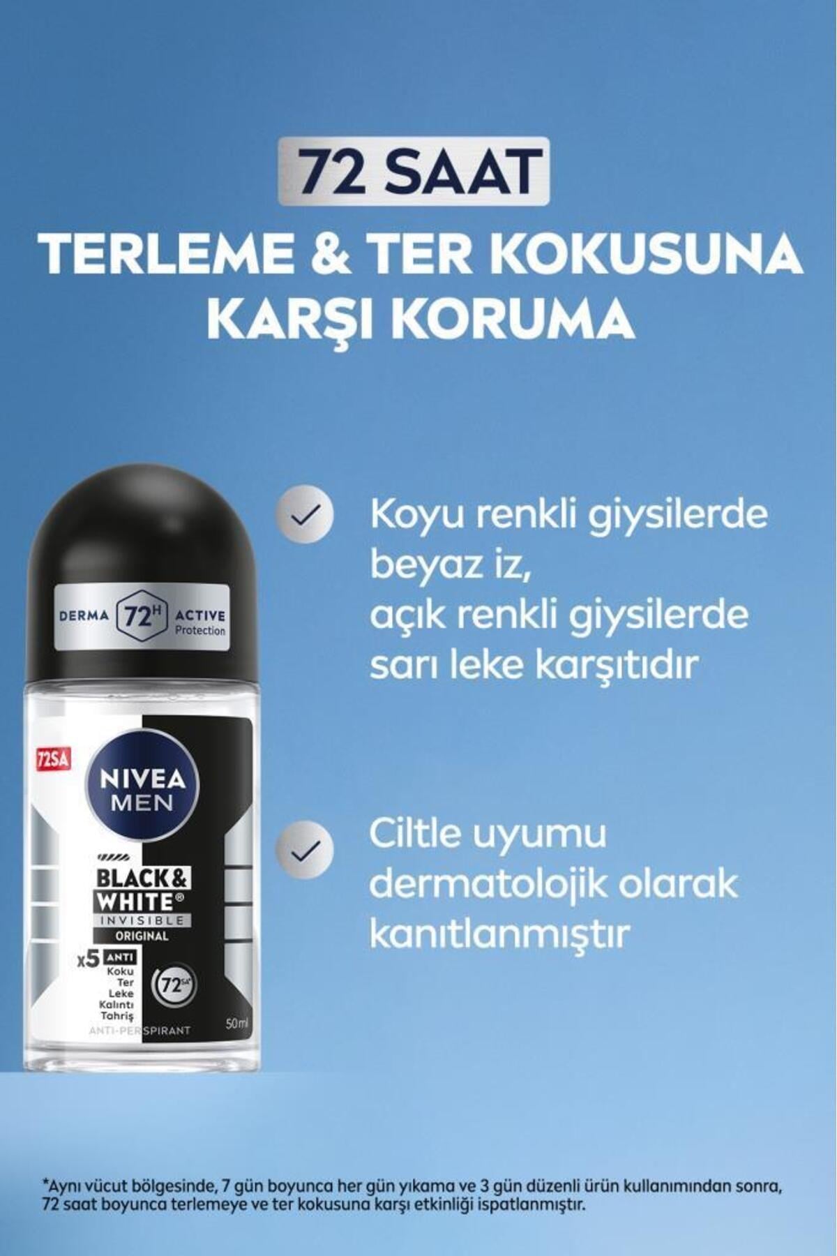 NIVEA Men Erkek Roll On Deodorant Black&white Invisible Original 50ml, 72 Saat Anti-perspirant Koruma