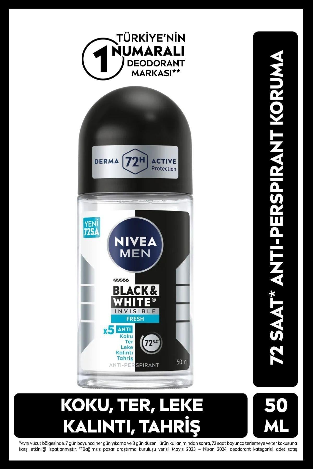 NIVEA MEN Erkek Roll-on Deodorant Black&White Invisible Fresh 50ml, 72 Saat Anti-perspirant Ter Koruması