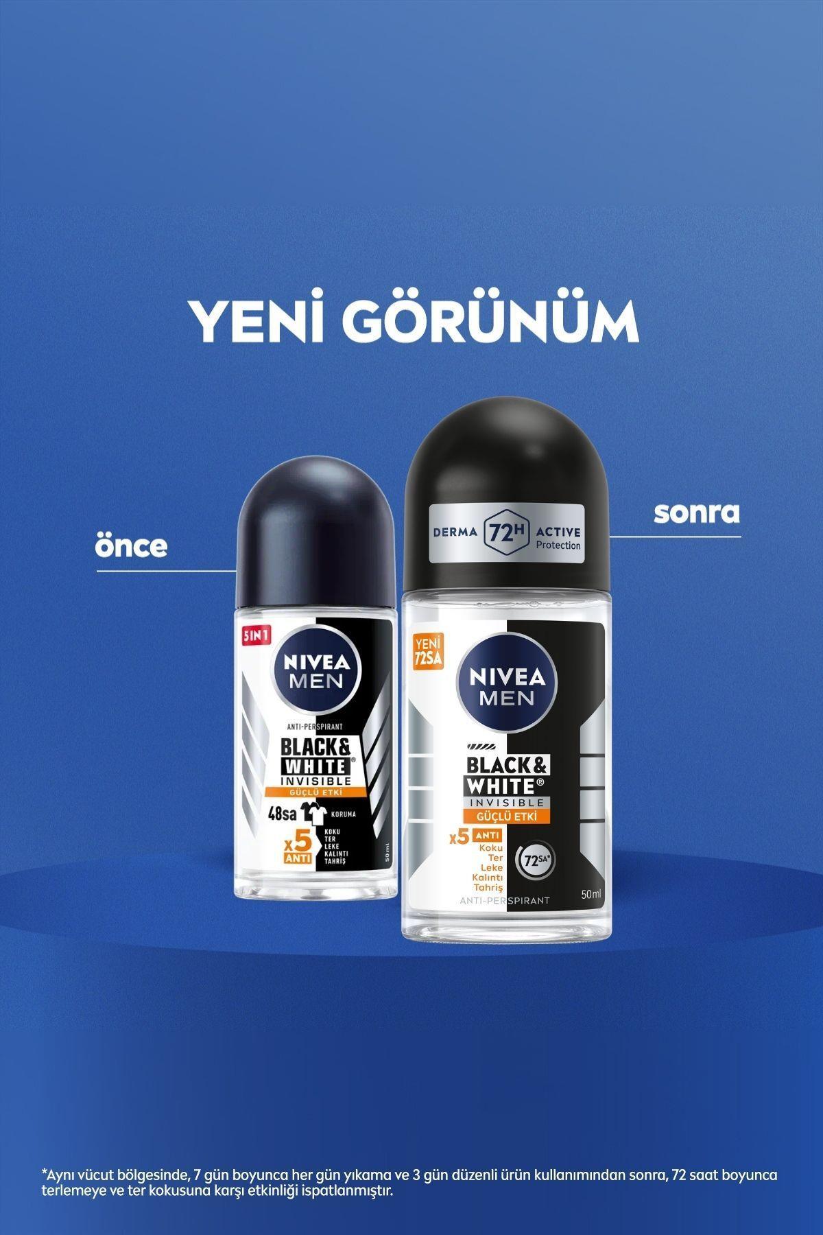 NIVEA MEN Erkek Roll-on Deodorant Black&White Invisible GüçlüEtki 50ml, 72 Saat Anti-perspirant Ter Koruma