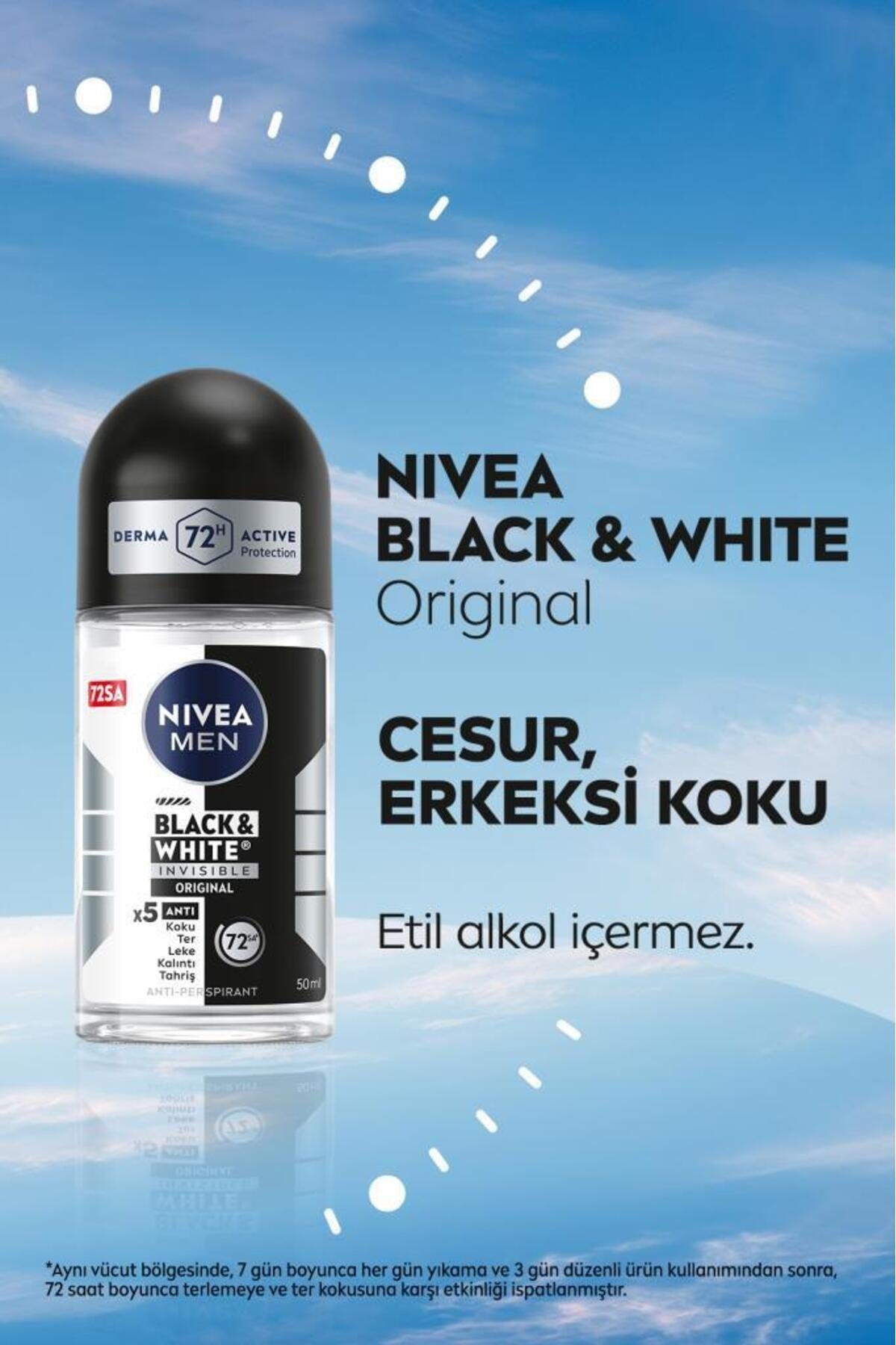 NIVEA Men Erkek Roll On Deodorant Black&white Invisible Original 50ml, 72 Saat Anti-perspirant Koruma