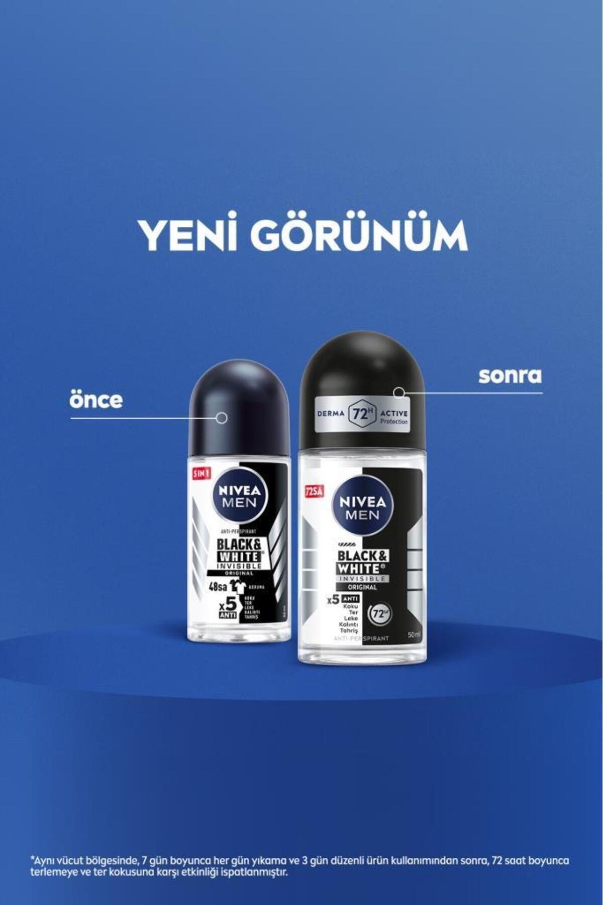NIVEA Men Erkek Roll On Deodorant Black&white Invisible Original 50ml, 72 Saat Anti-perspirant Koruma