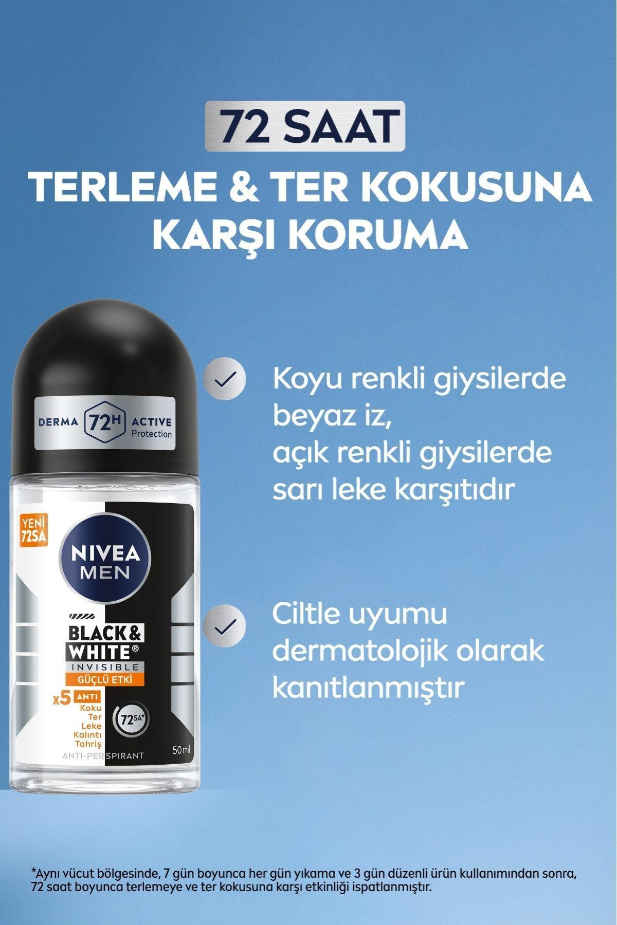 NIVEA MEN Erkek Roll-on Deodorant Black&White Invisible GüçlüEtki 50ml, 72 Saat Anti-perspirant Ter Koruma