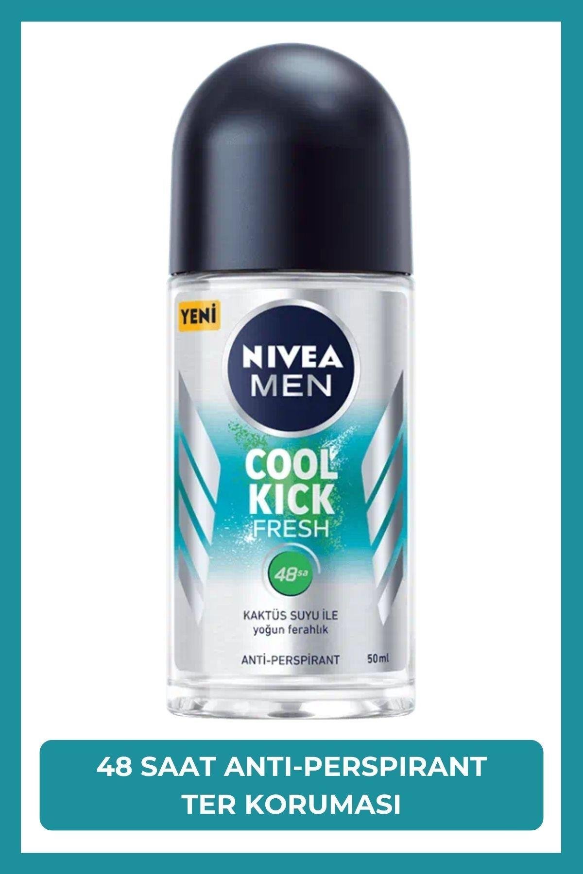 NIVEA MEN Erkek Roll-on Deodorant Cool Kick 50ml, 48 Saat Anti-perspirant Ter Koruma, Kaktüs Suyu,Ferahlık